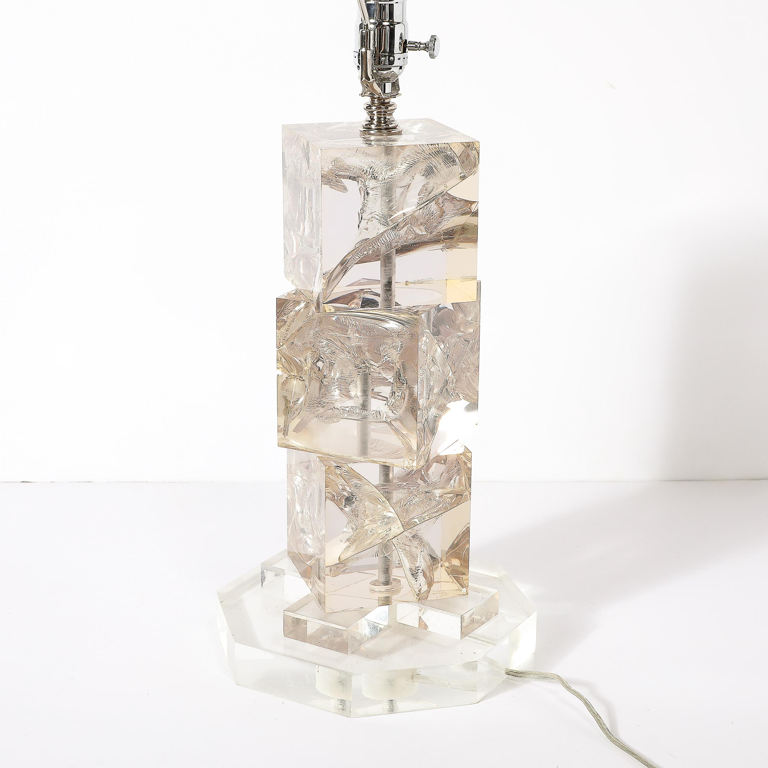 Modernist Stacked Ice Cube Table Lamp in Smoked Rose Lucite on Octagonal Base For Sale 6