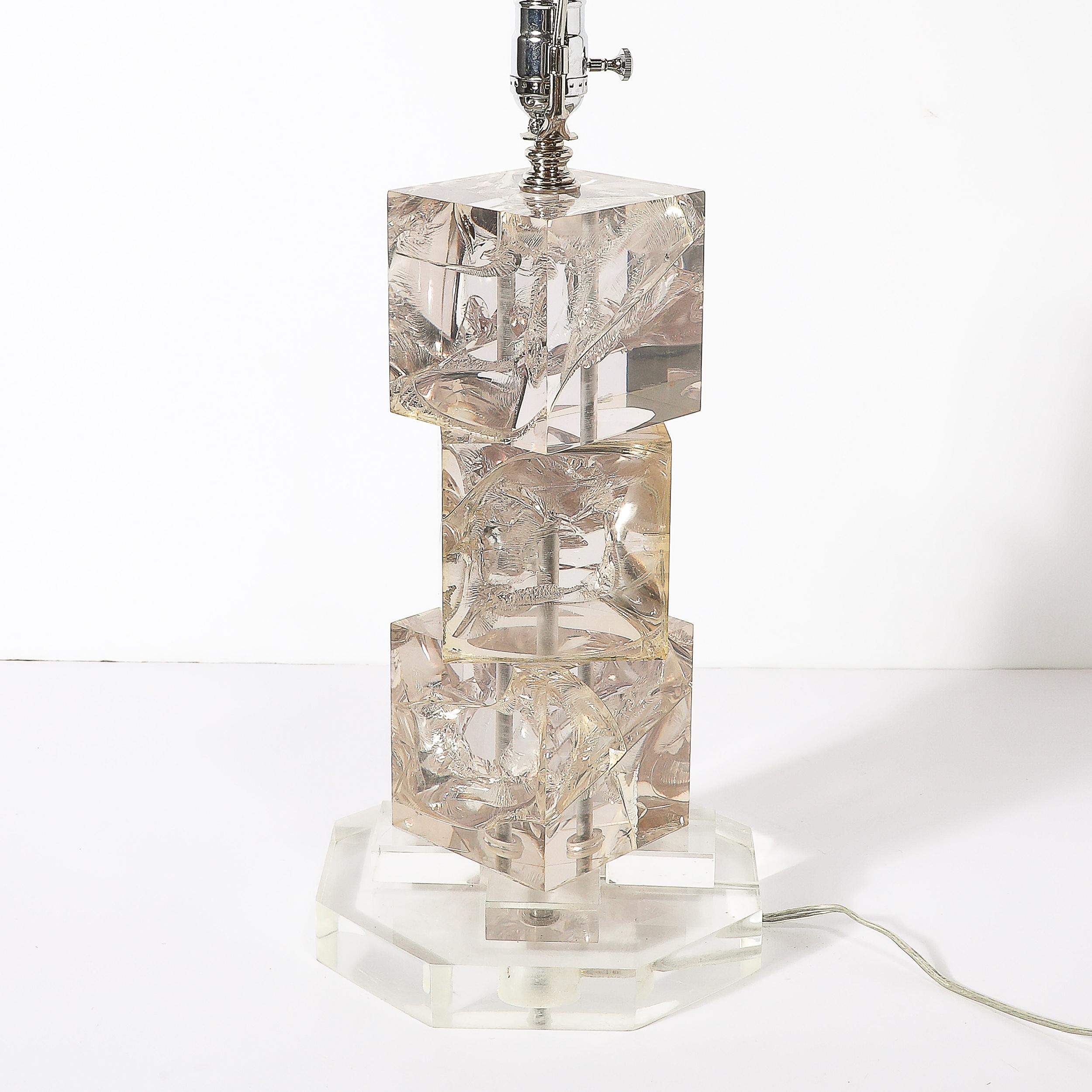 Modernist Stacked Ice Cube Table Lamp in Smoked Rose Lucite on Octagonal Base For Sale 7