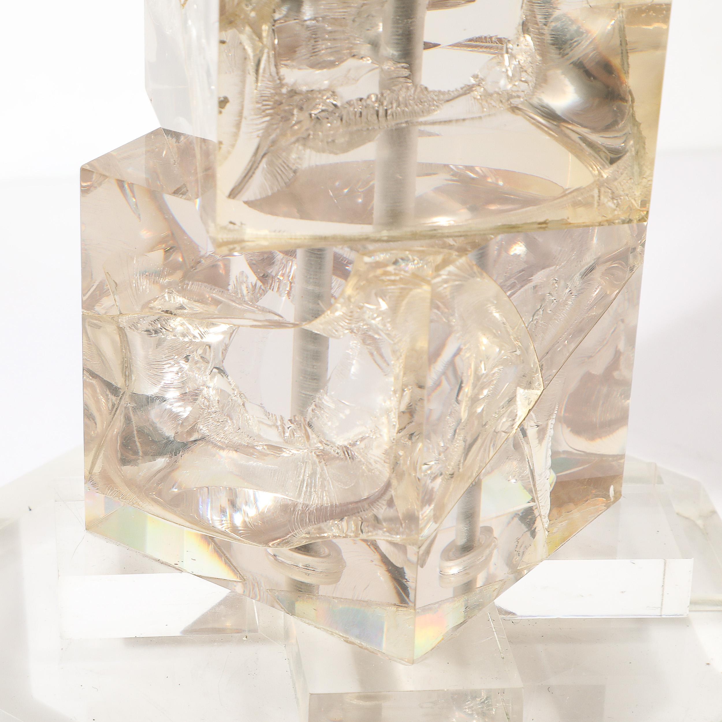 Modernist Stacked Ice Cube Table Lamp in Smoked Rose Lucite on Octagonal Base For Sale 8