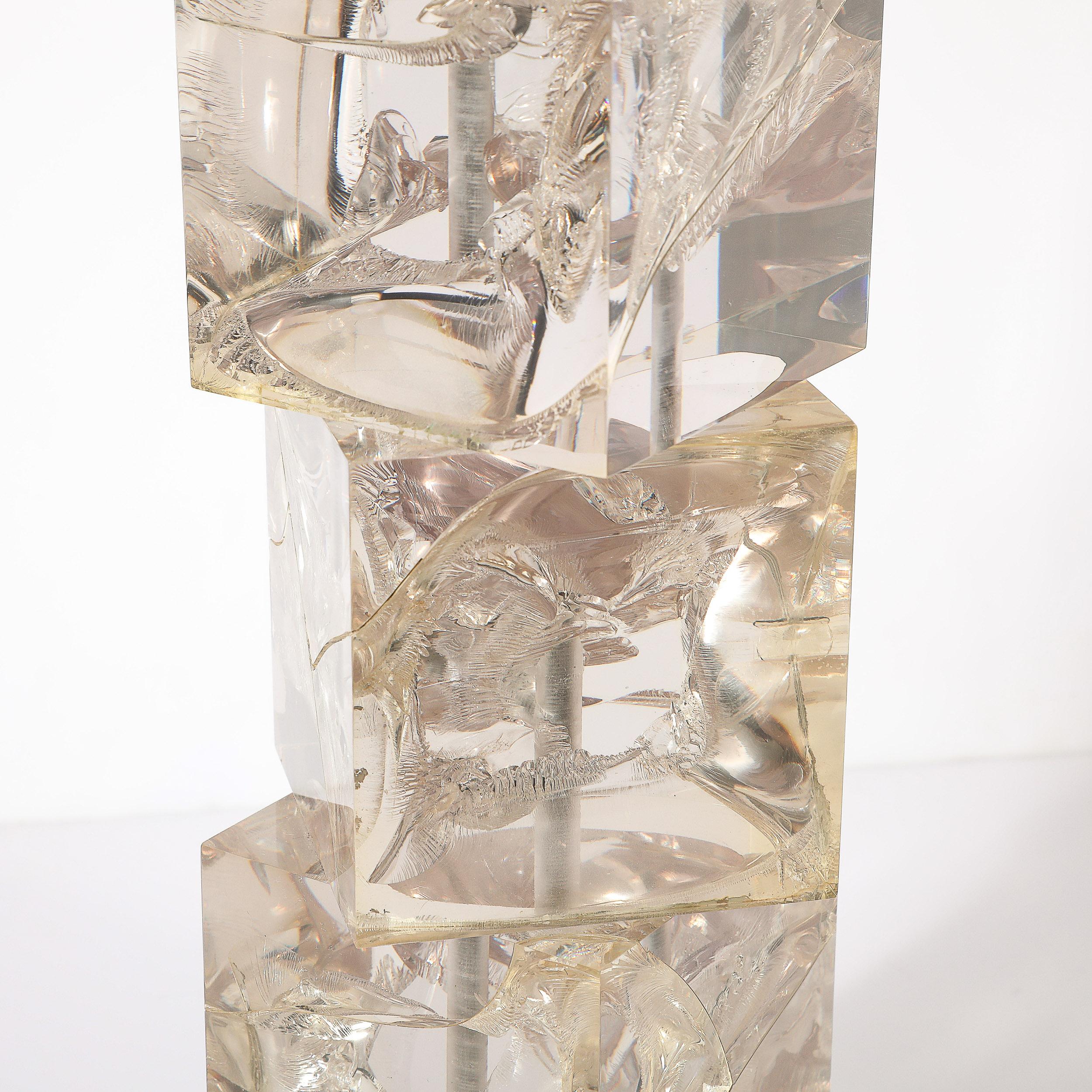 Modernist Stacked Ice Cube Table Lamp in Smoked Rose Lucite on Octagonal Base For Sale 9