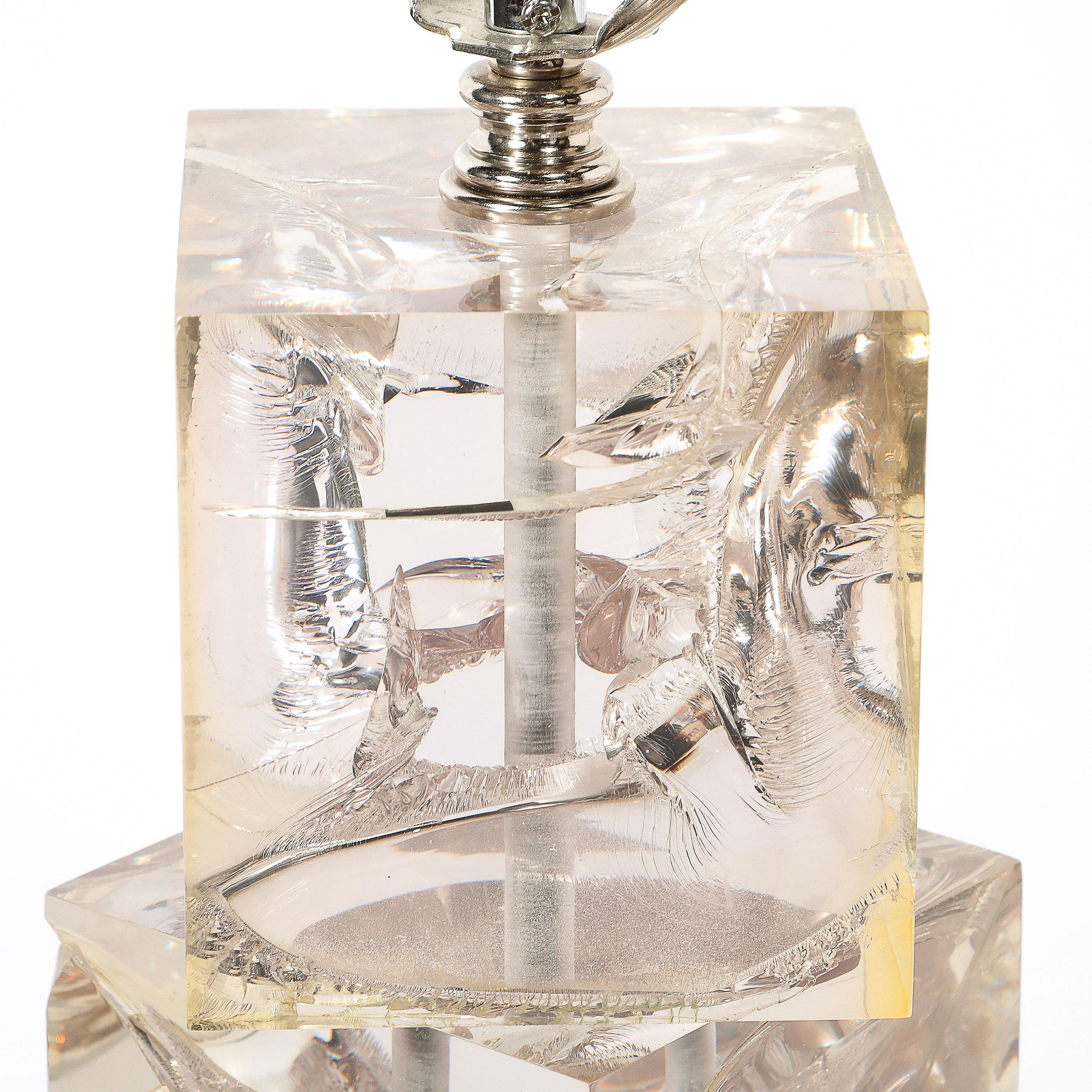 Modernist Stacked Ice Cube Table Lamp in Smoked Rose Lucite on Octagonal Base For Sale 11