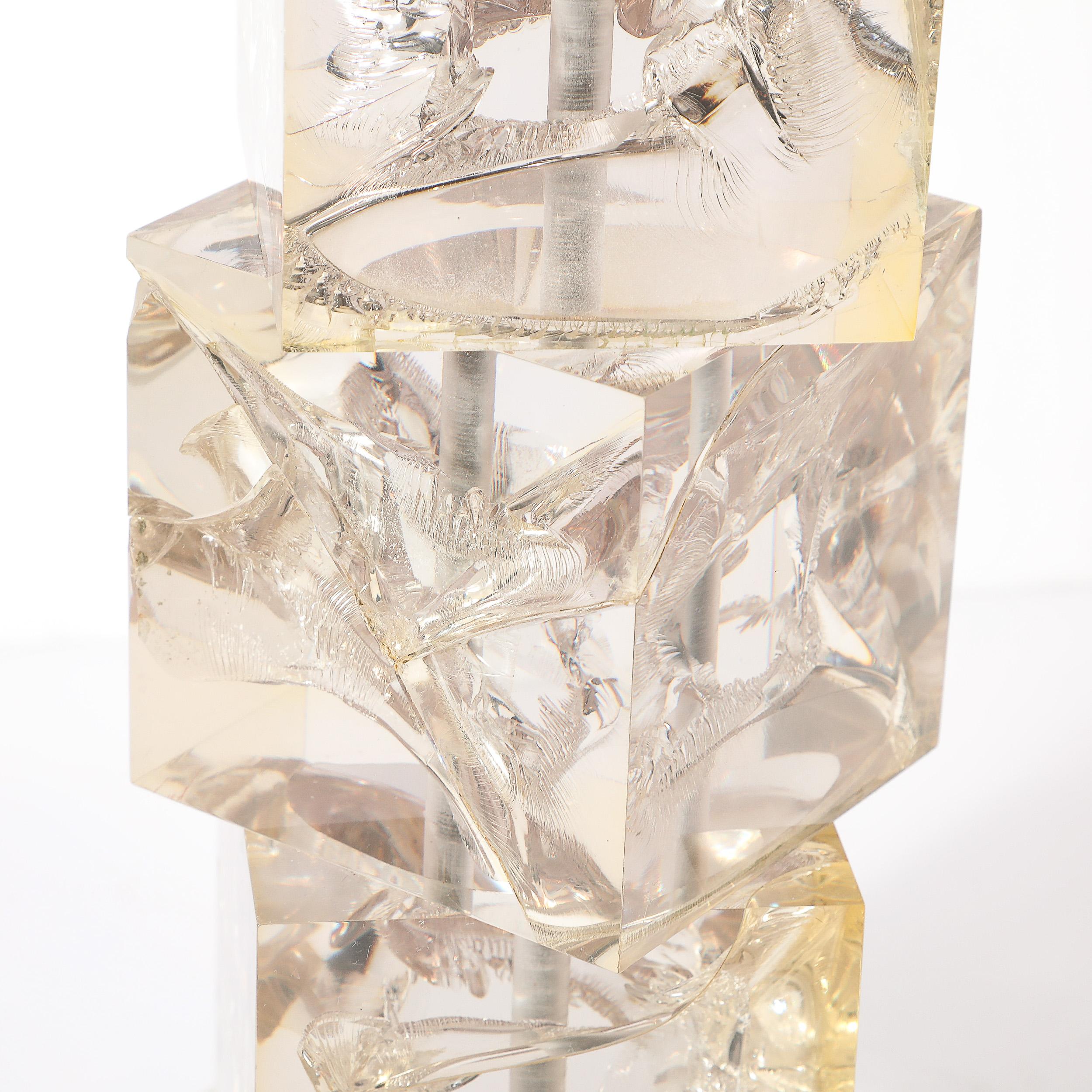 Modernist Stacked Ice Cube Table Lamp in Smoked Rose Lucite on Octagonal Base For Sale 12
