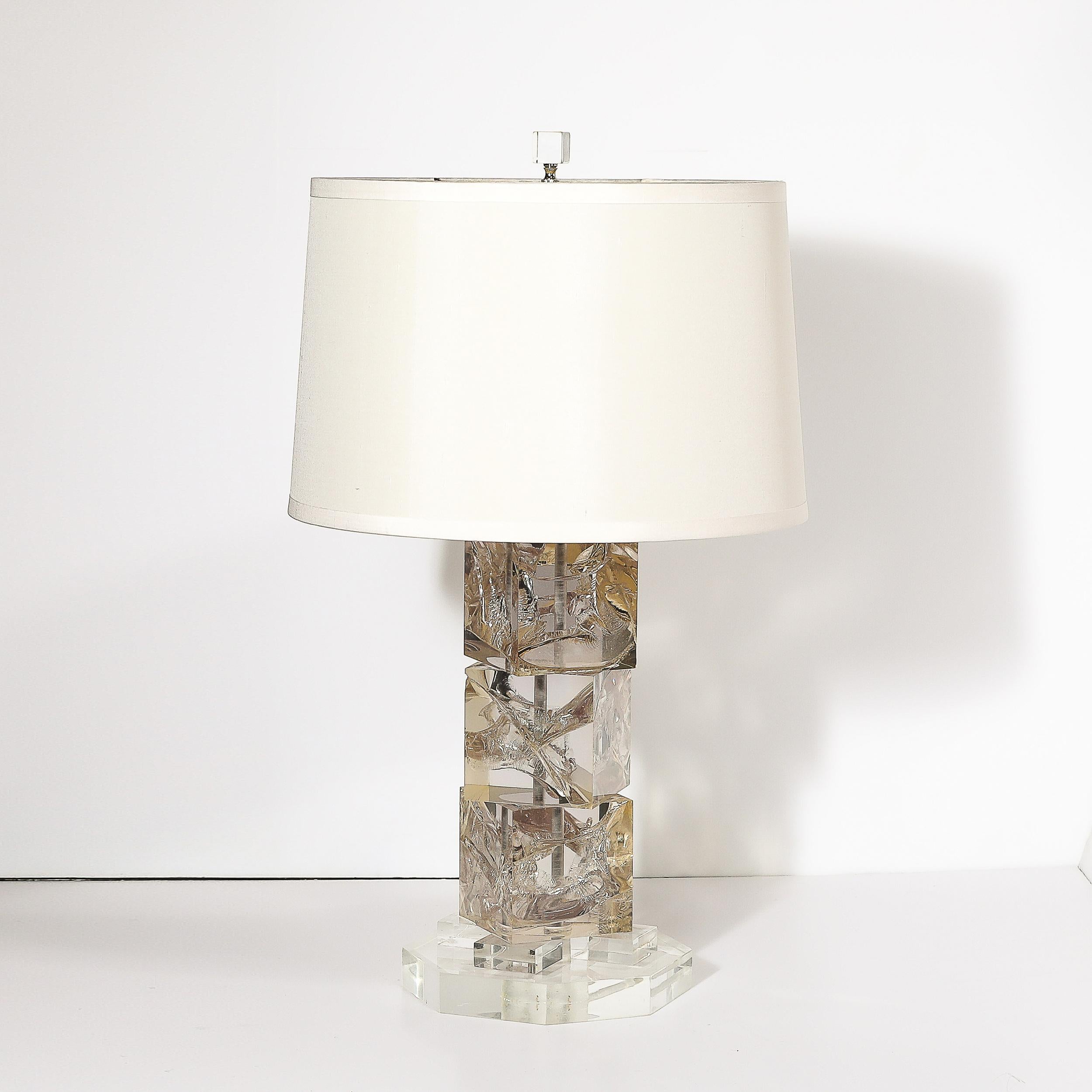 American Modernist Stacked Ice Cube Table Lamp in Smoked Rose Lucite on Octagonal Base For Sale