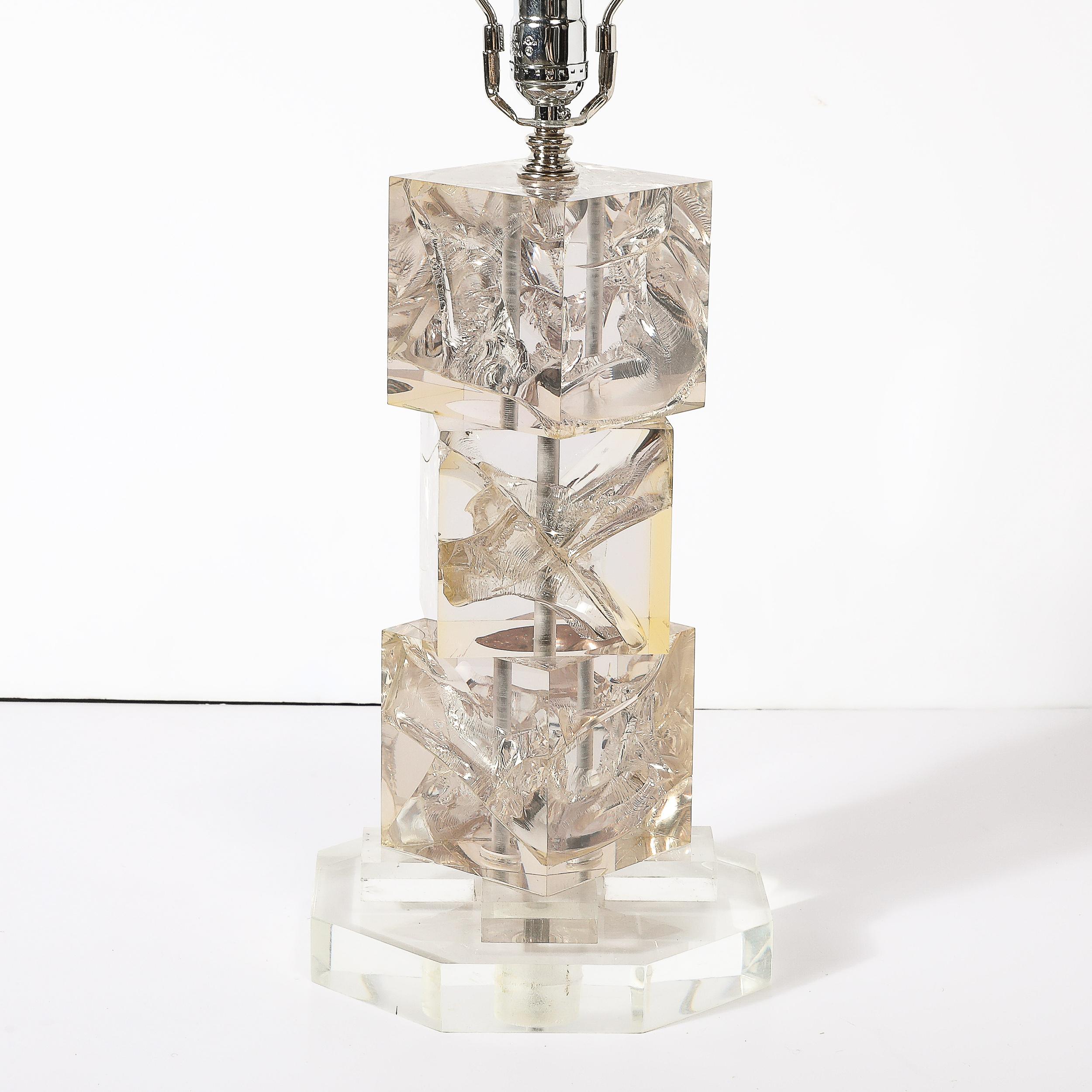 Late 20th Century Modernist Stacked Ice Cube Table Lamp in Smoked Rose Lucite on Octagonal Base For Sale