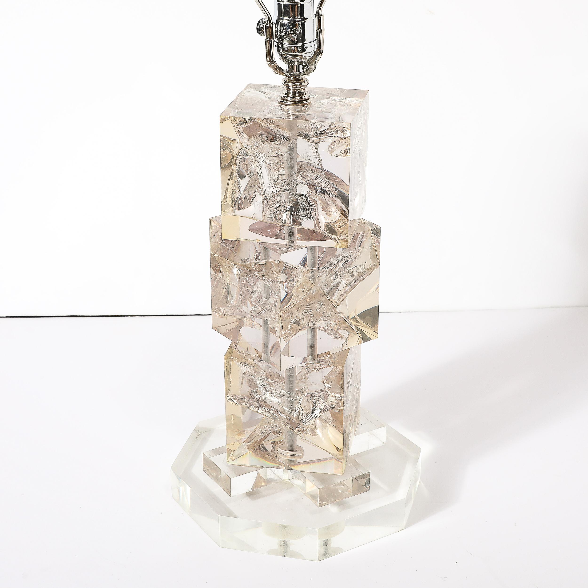 Modernist Stacked Ice Cube Table Lamp in Smoked Rose Lucite on Octagonal Base For Sale 1