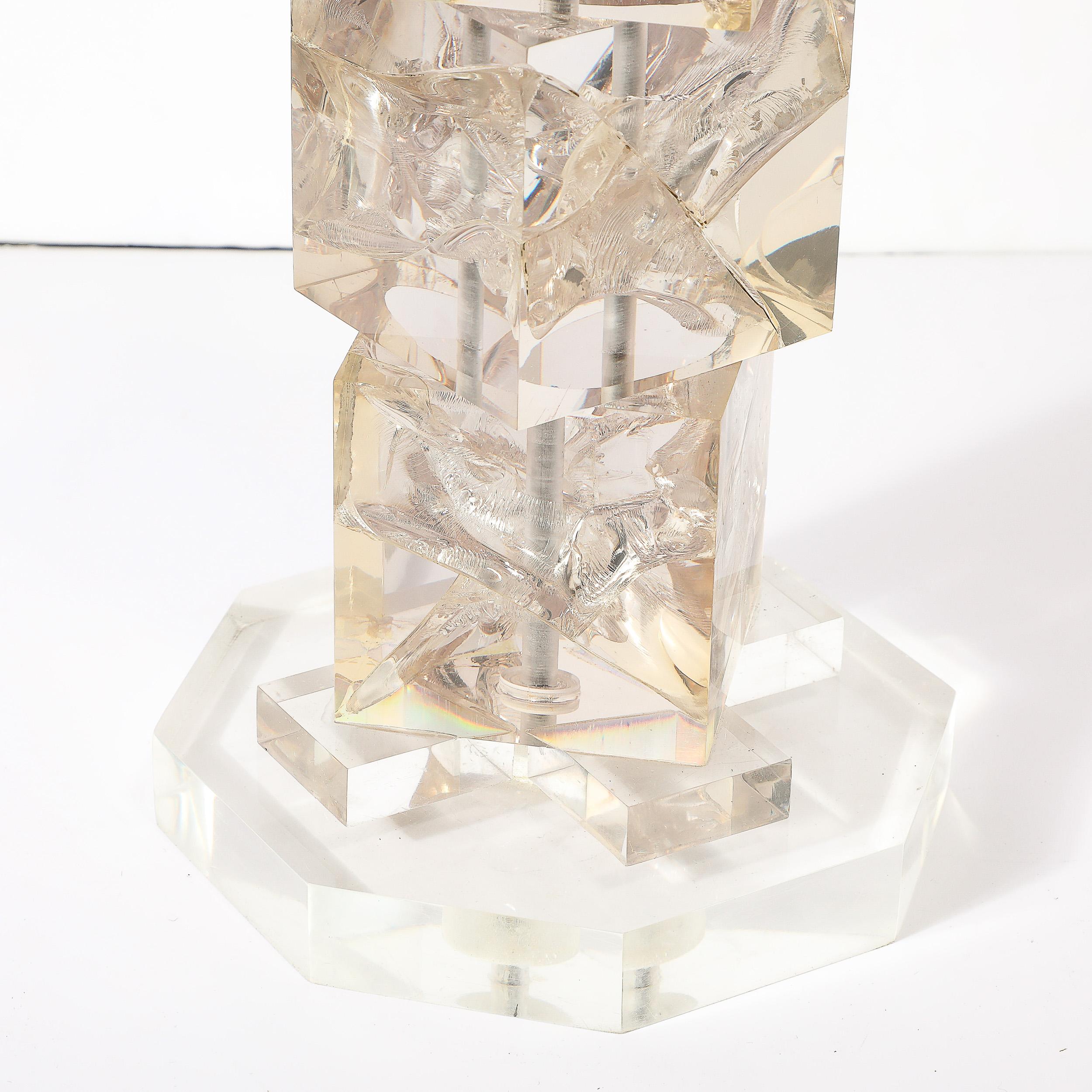 Modernist Stacked Ice Cube Table Lamp in Smoked Rose Lucite on Octagonal Base For Sale 2