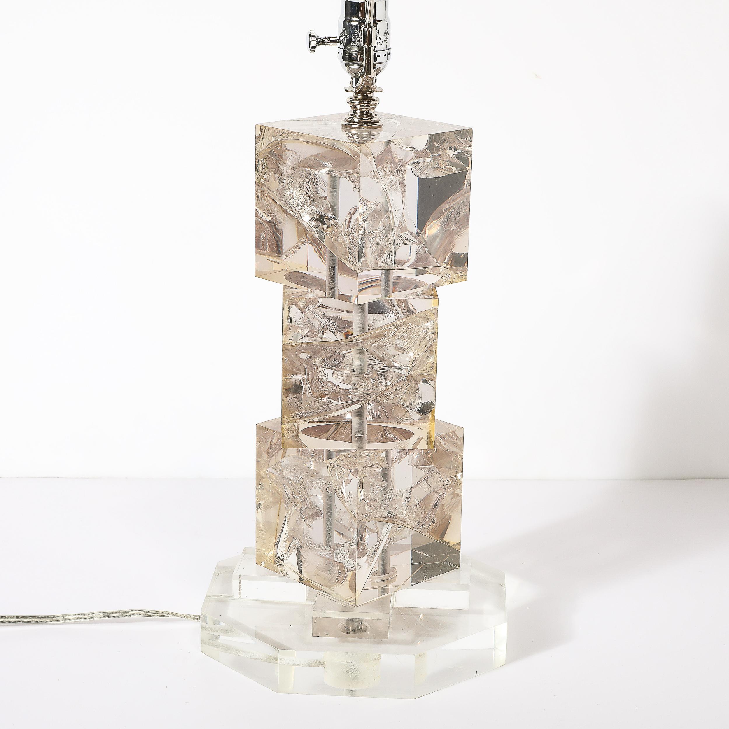 Modernist Stacked Ice Cube Table Lamp in Smoked Rose Lucite on Octagonal Base For Sale 3