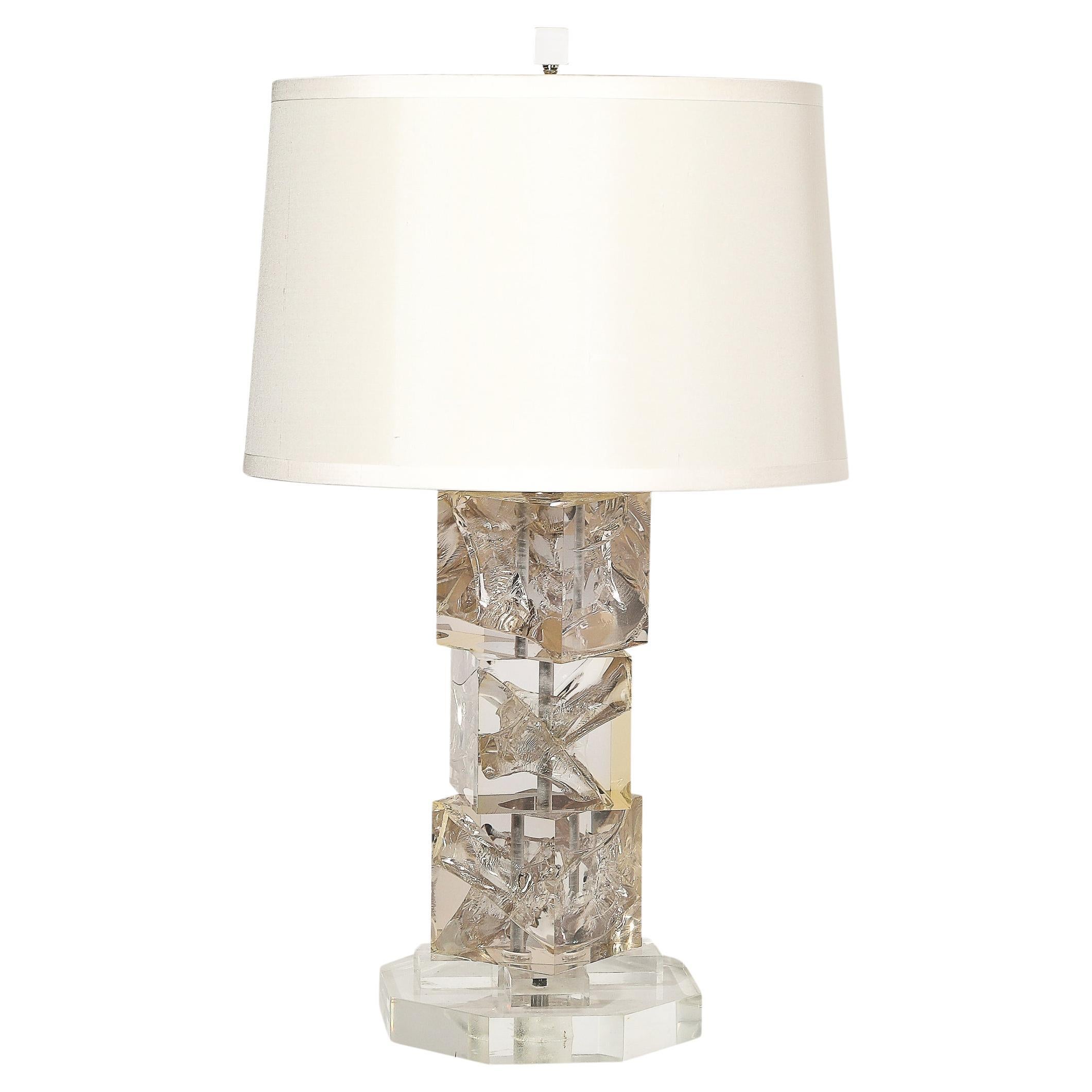 Modernist Stacked Ice Cube Table Lamp in Smoked Rose Lucite on Octagonal Base For Sale