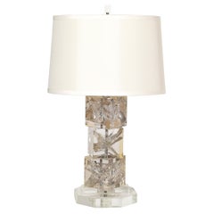 Vintage Modernist Stacked Ice Cube Table Lamp in Smoked Rose Lucite on Octagonal Base
