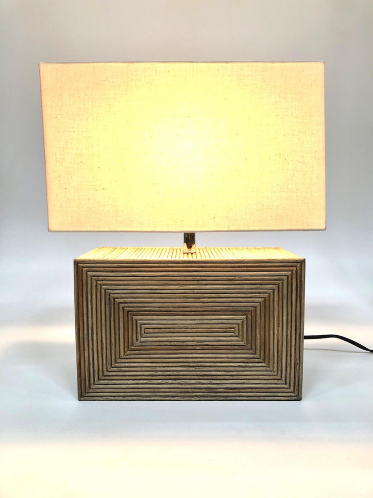 Modernist Stacked Stick Rattan Vertical Brick Lamp Pair, w/ Shades at ...