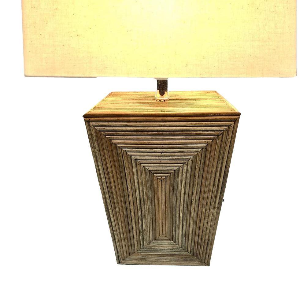 American Restored Modernist Stacked Stick Rattan Vertical Brick Lamp Pair, w/ Shades