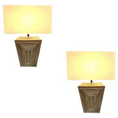 Restored Modernist Stacked Stick Rattan Vertical Brick Lamp Pair, w/ Shades