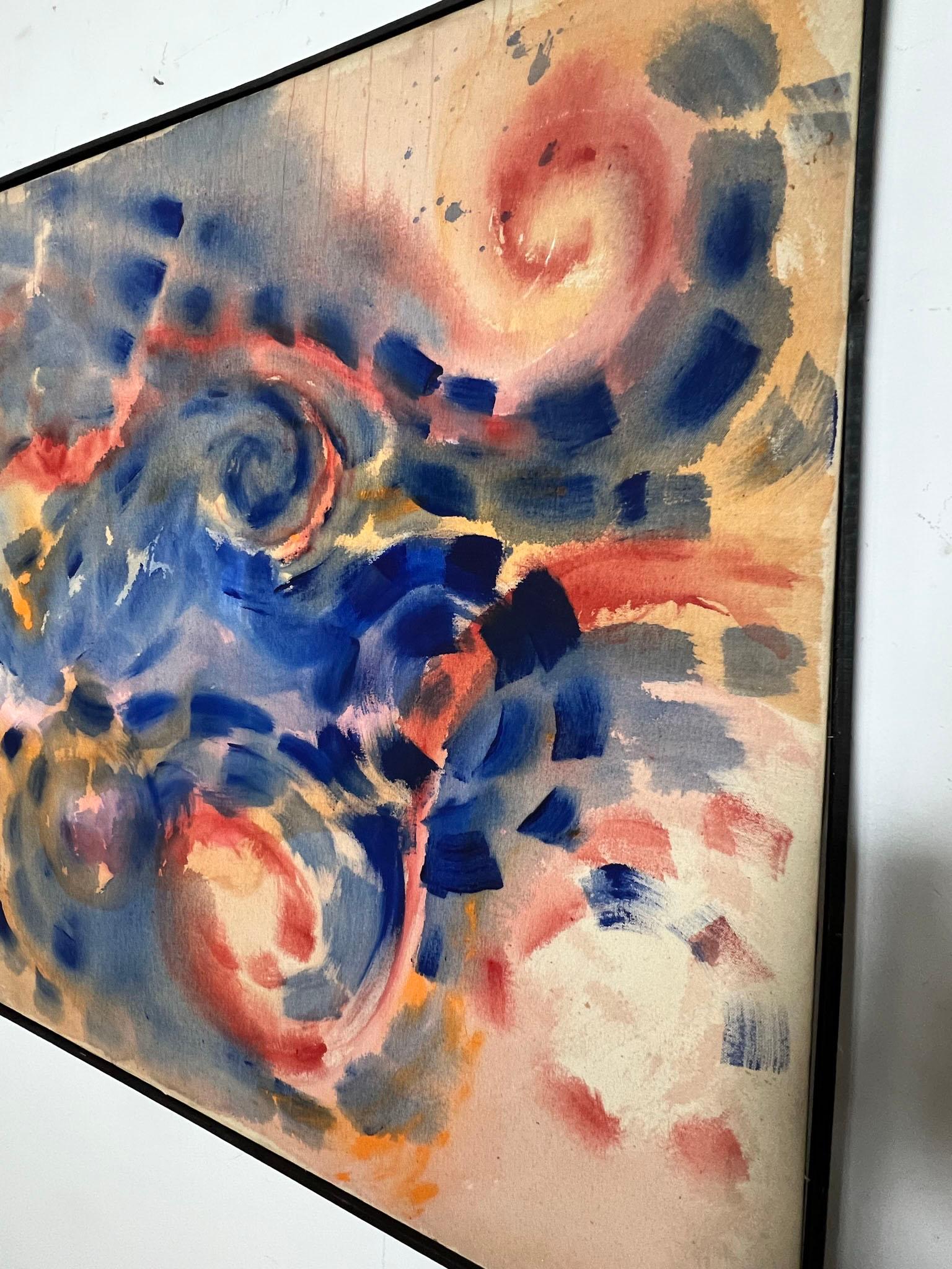 Une peinture à la tache remplie de mouvement signée Gladys Benoit, vers les années 1970.