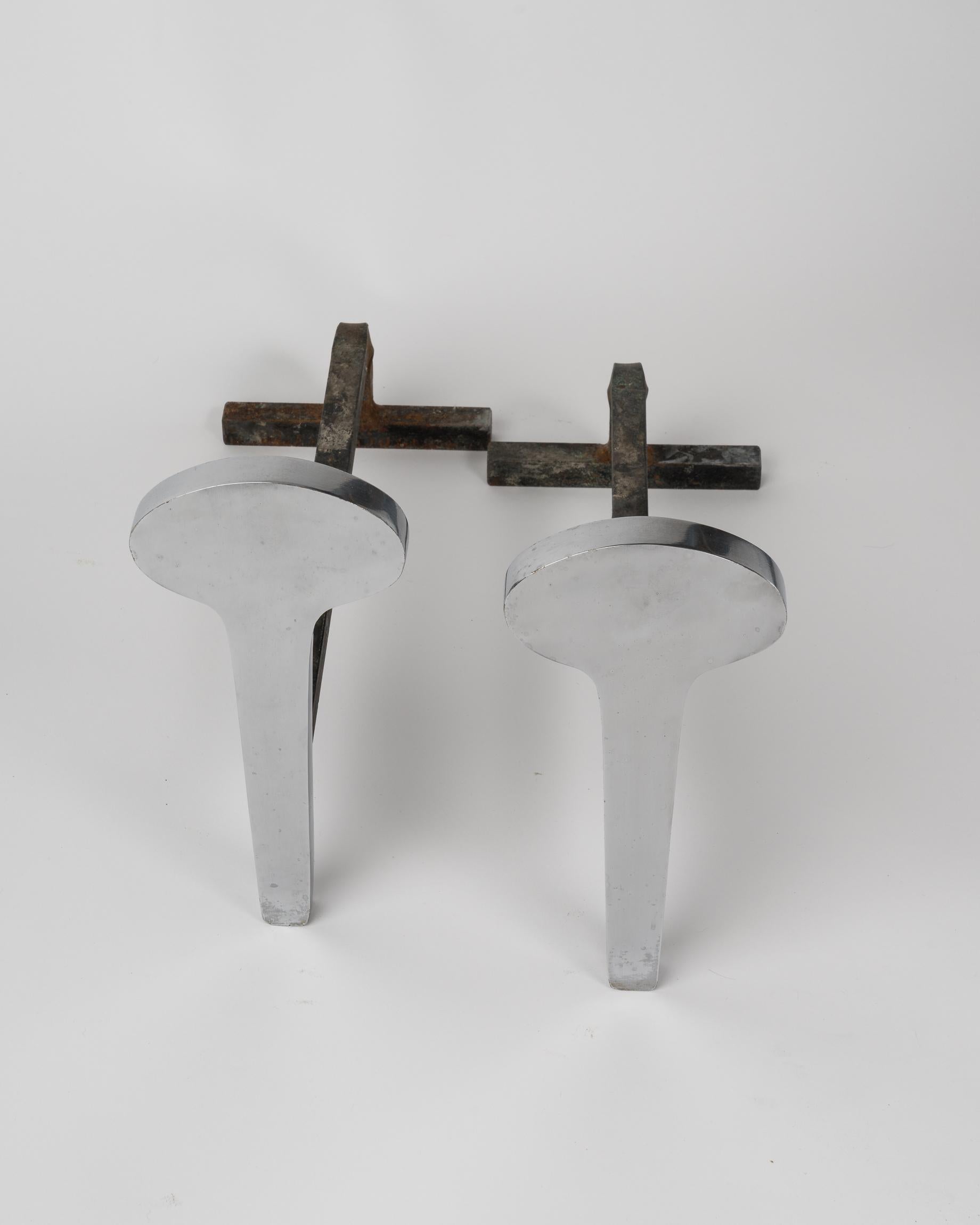 French Modernist Stainless Steel Andirons by Jean-Paul Créations, France, 1970s For Sale