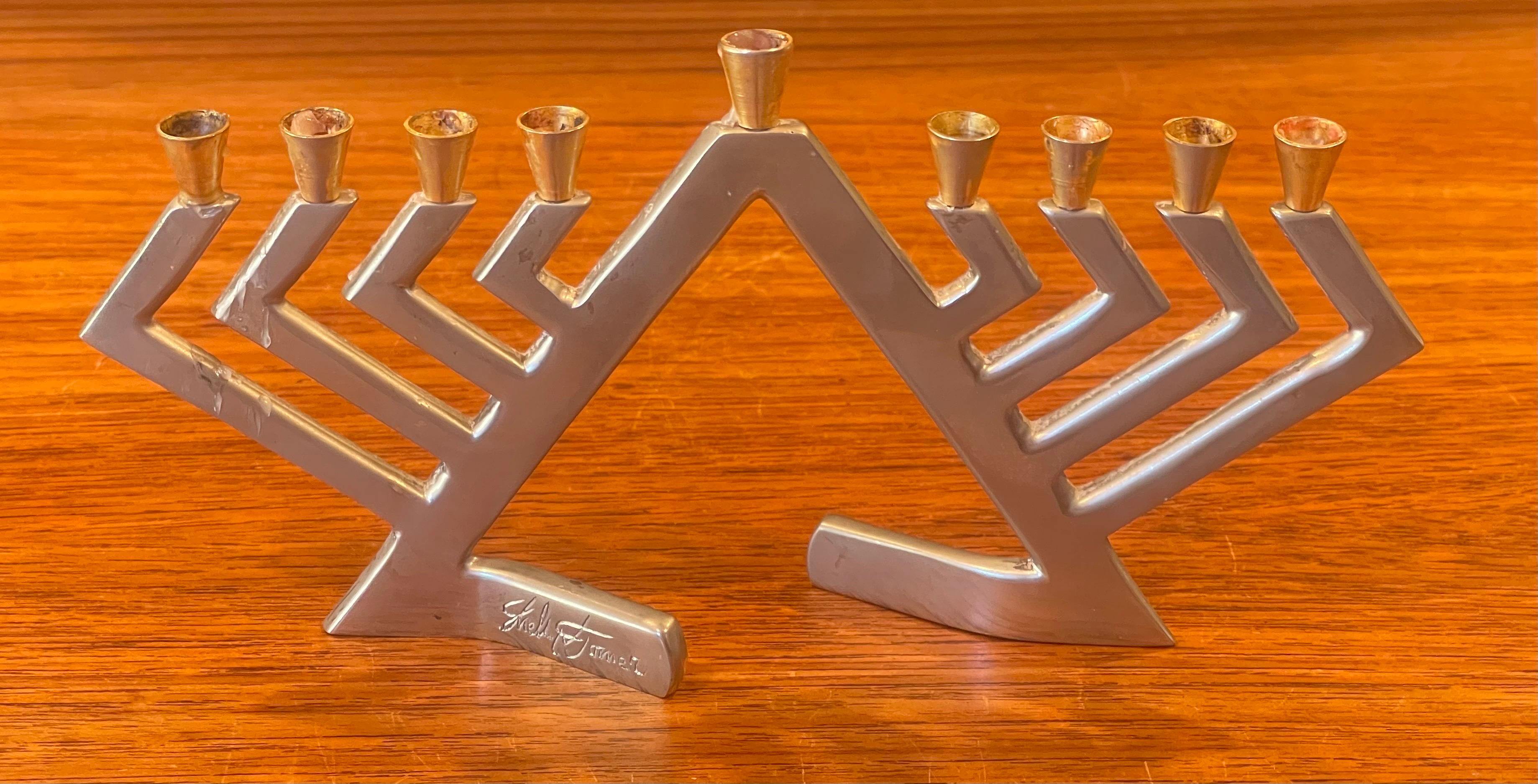 Modernist Stainless Steel & Brass Menorah by Shelly Turner for Alef Judaica For Sale 3