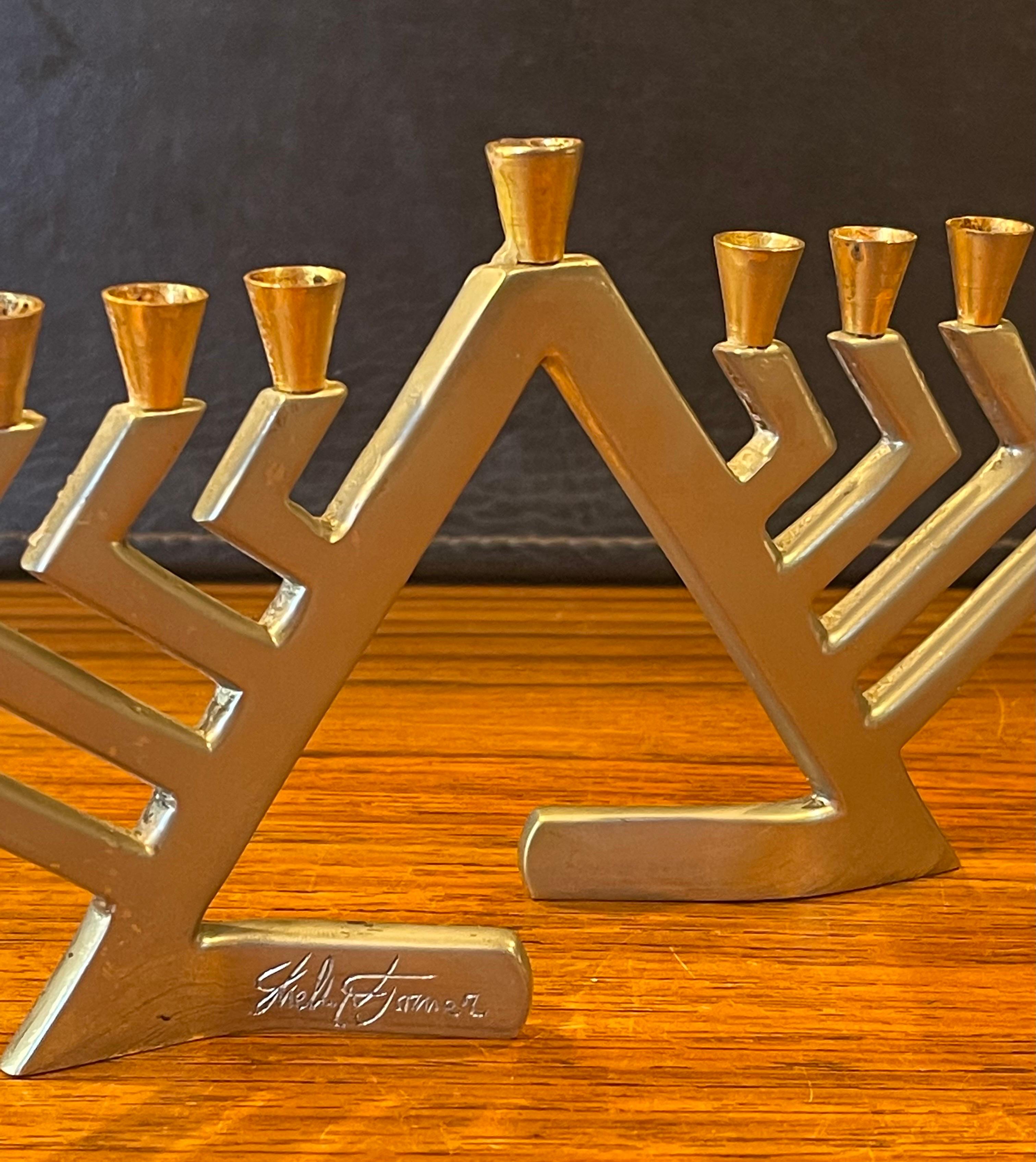 20th Century Modernist Stainless Steel & Brass Menorah by Shelly Turner for Alef Judaica For Sale