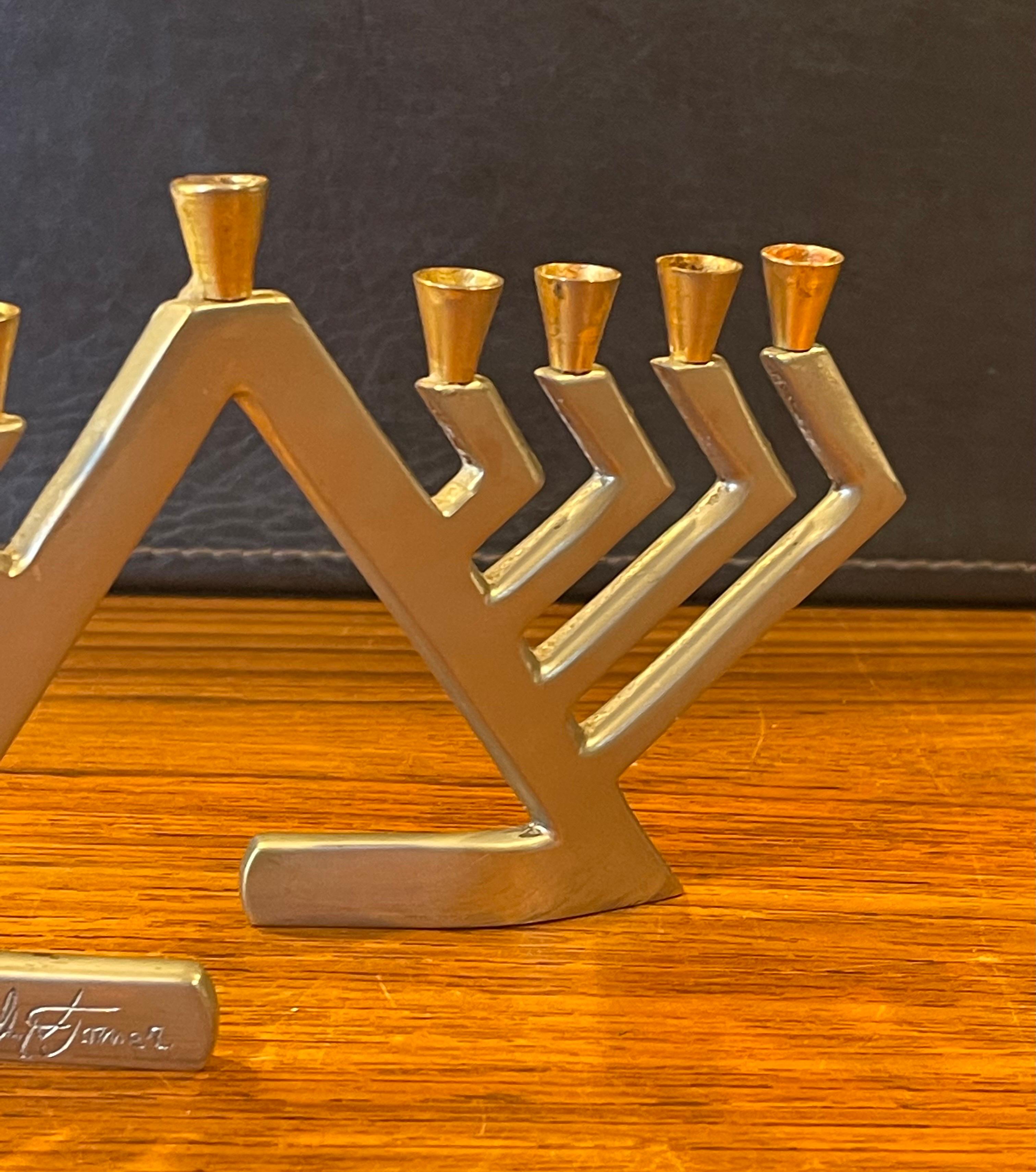 Modernist Stainless Steel & Brass Menorah by Shelly Turner for Alef Judaica For Sale 1
