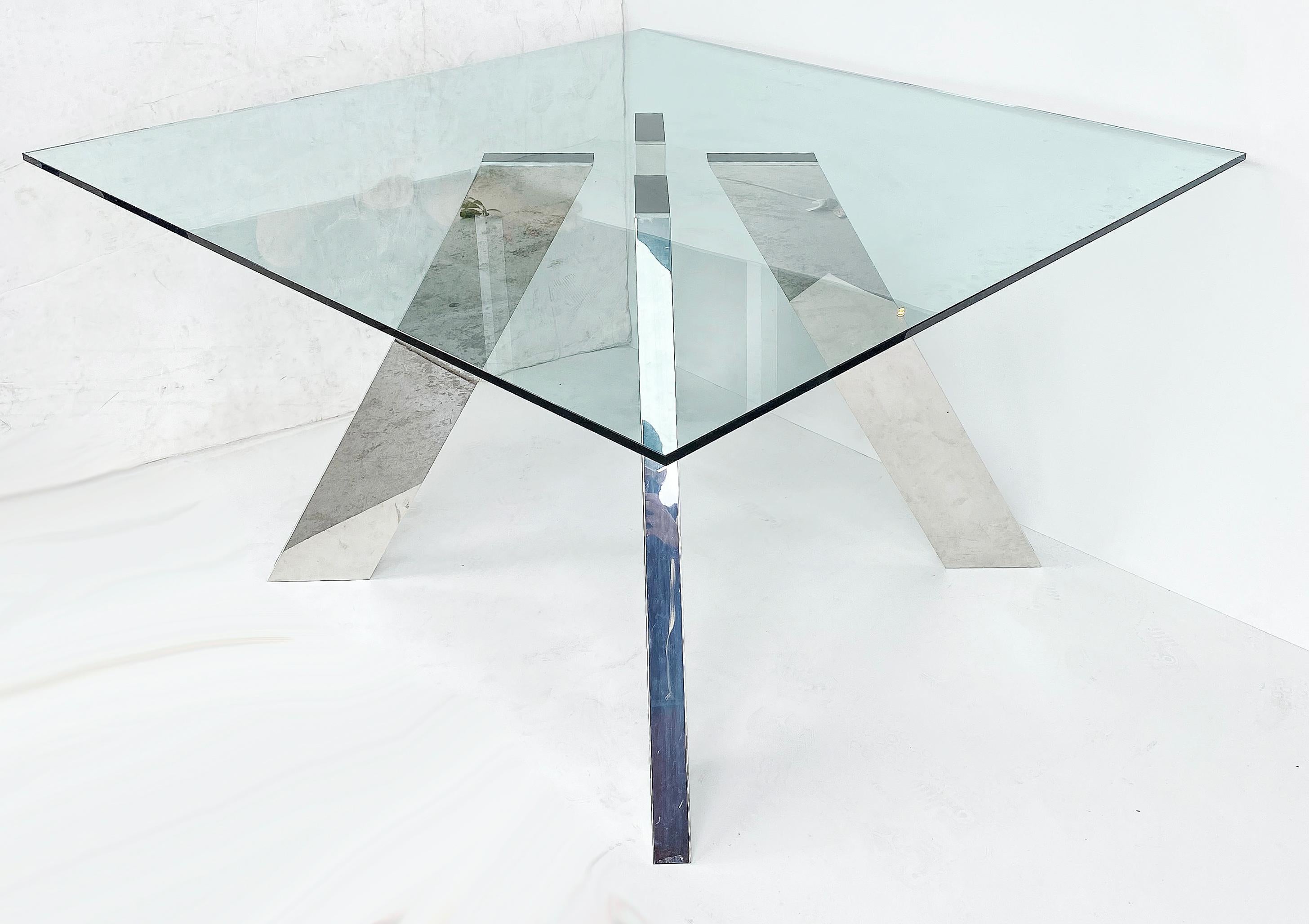 American Modernist Stainless Steel & Glass Top Table with Splayed Angular Legs