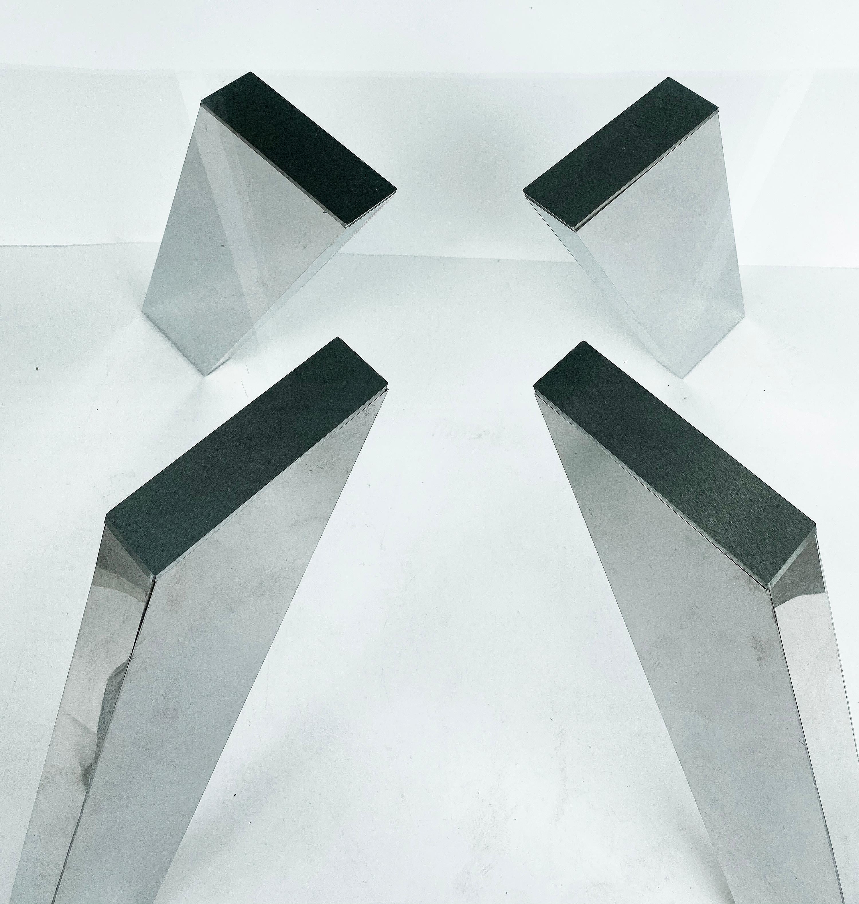 Contemporary Modernist Stainless Steel & Glass Top Table with Splayed Angular Legs