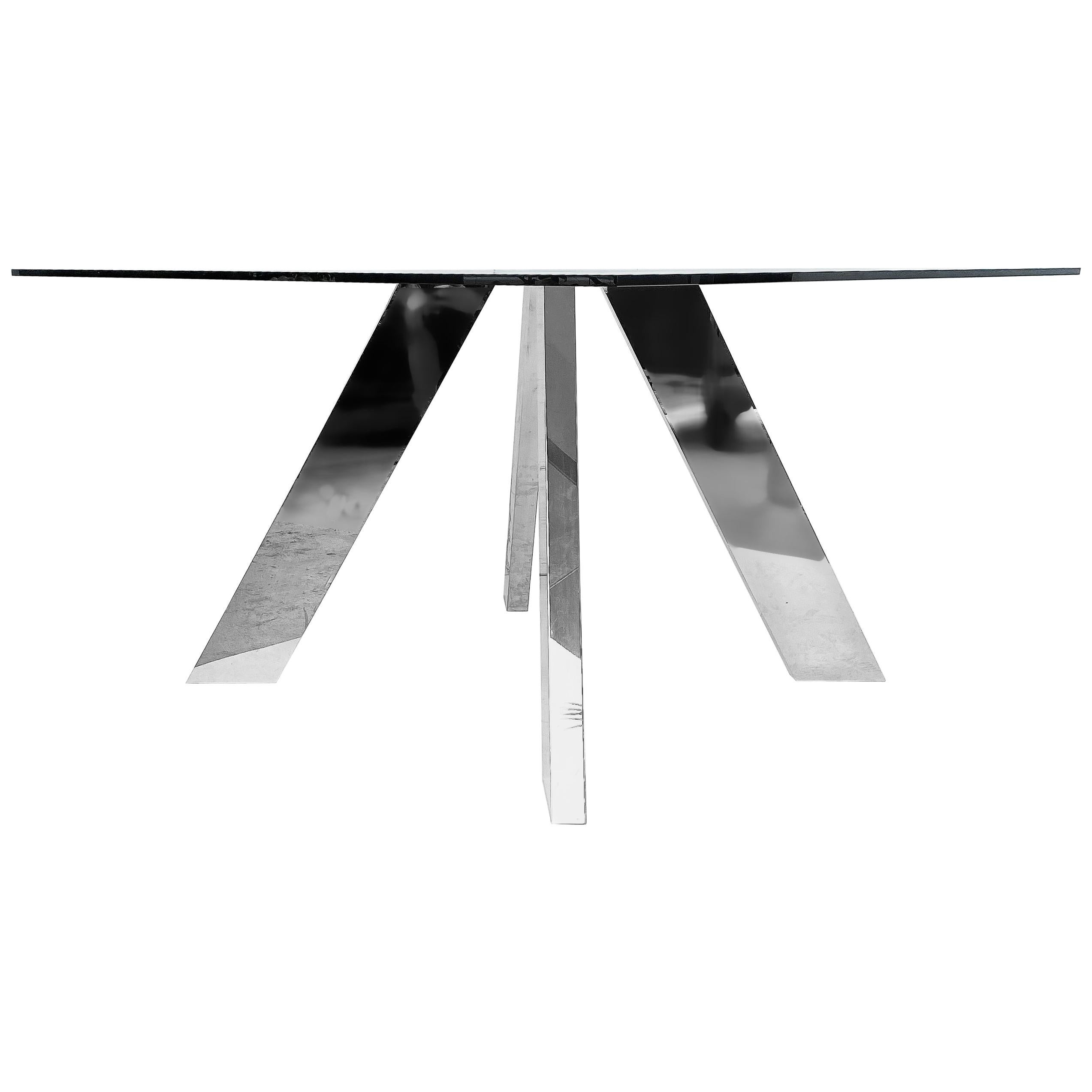 Modernist Stainless Steel & Glass Top Table with Splayed Angular Legs