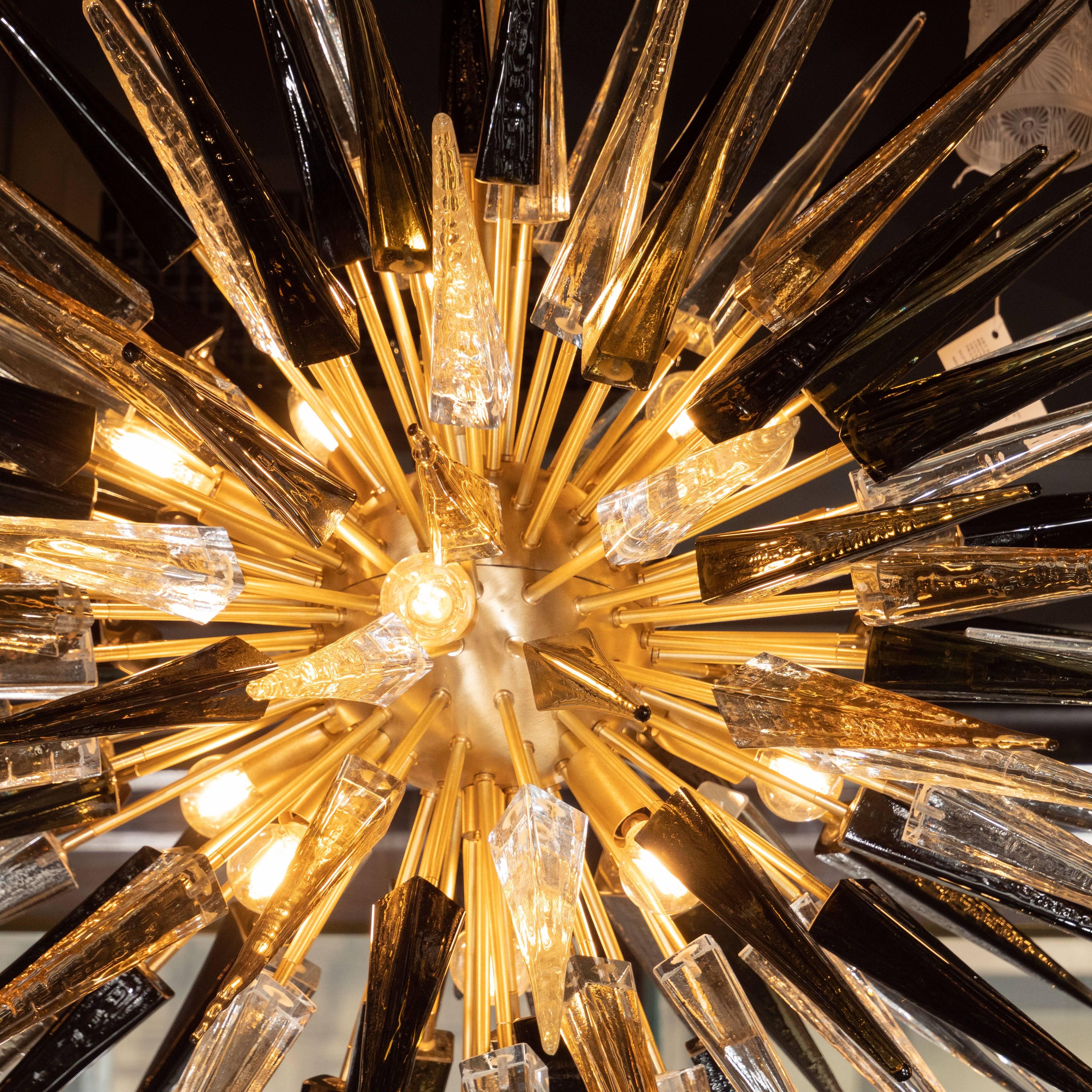 Italian Modernist Starburst Chandelier with Clear, Smoked and Graphite Glass Obelisks For Sale