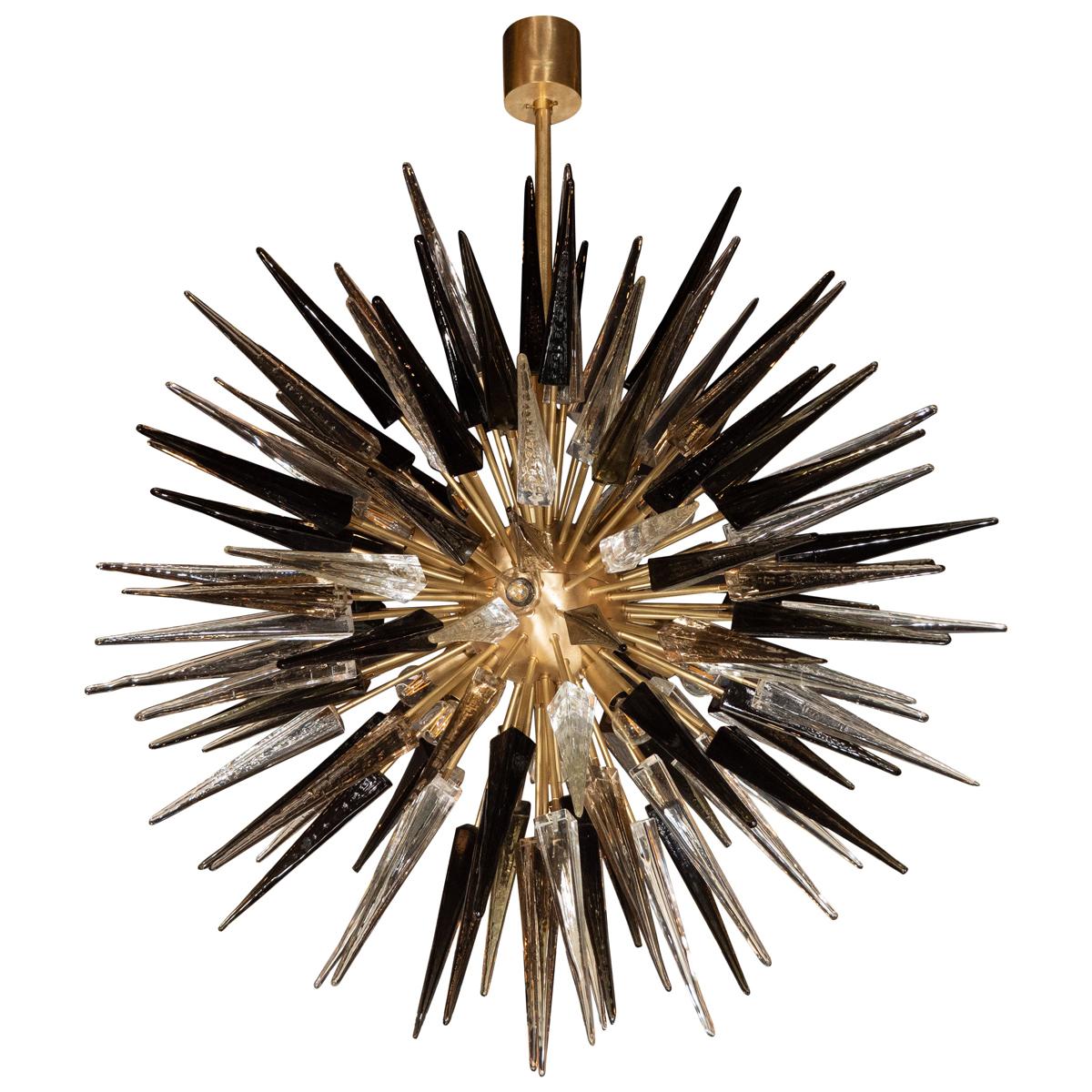 Modernist Starburst Chandelier with Clear, Smoked and Graphite Glass Obelisks For Sale