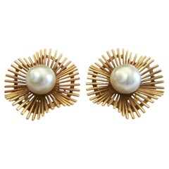 Modernist Starburst Cultured Pearl & 18k Gold Ear Clips, France, circa 1960s