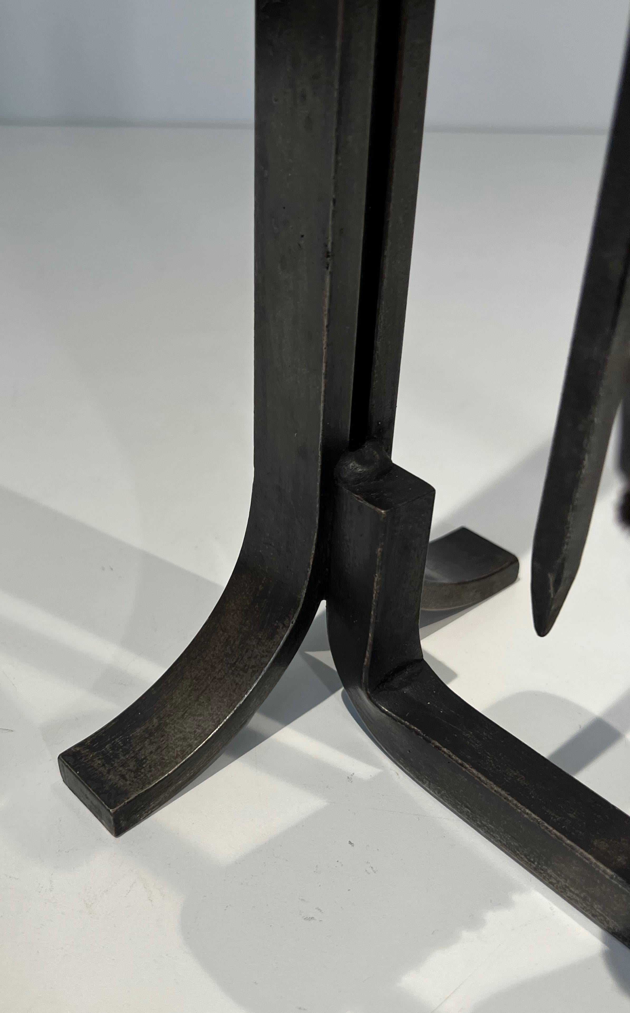 Modernist Steel and Brass Fireplace Tools on Stand in the Style of Jacques Adnet For Sale 4