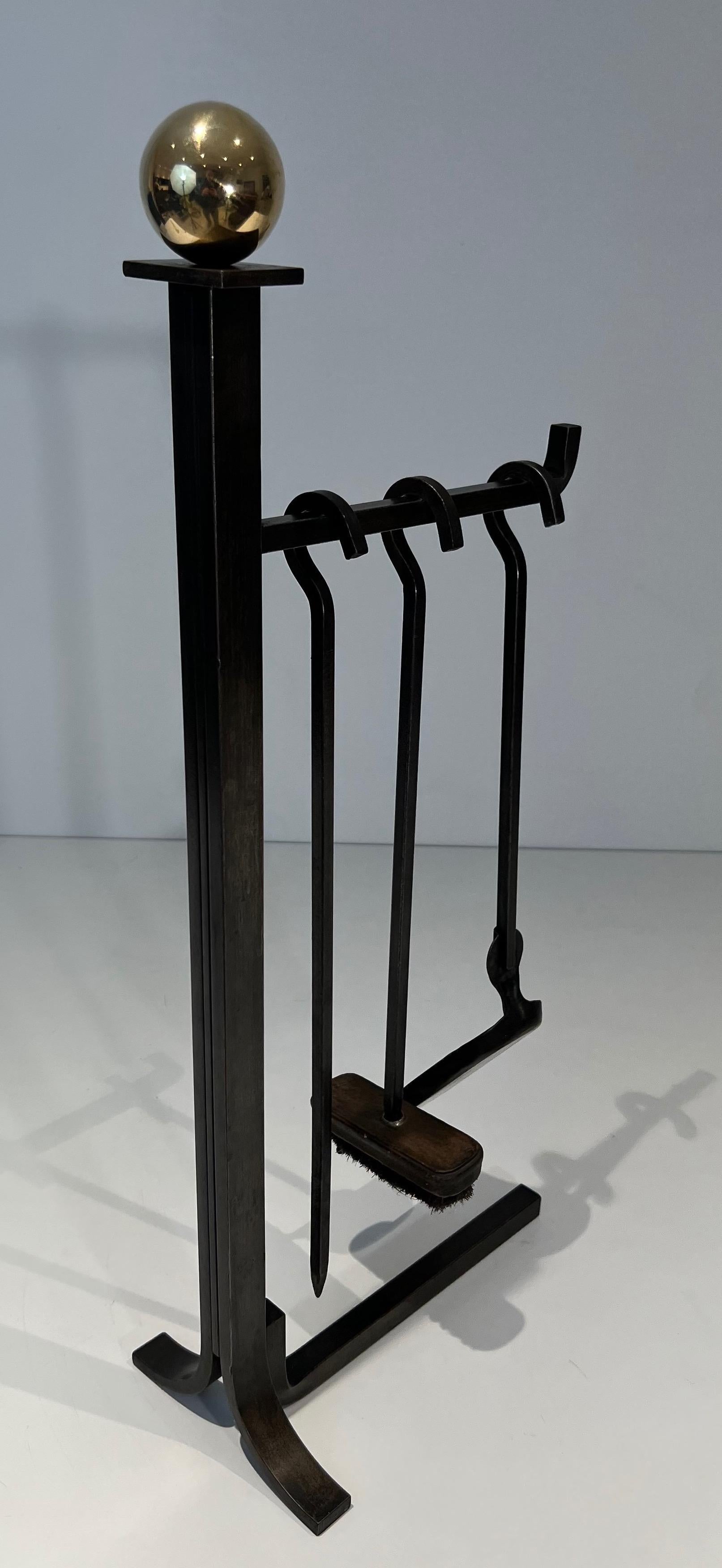 Modernist Steel and Brass Fireplace Tools on Stand in the Style of Jacques Adnet For Sale 6