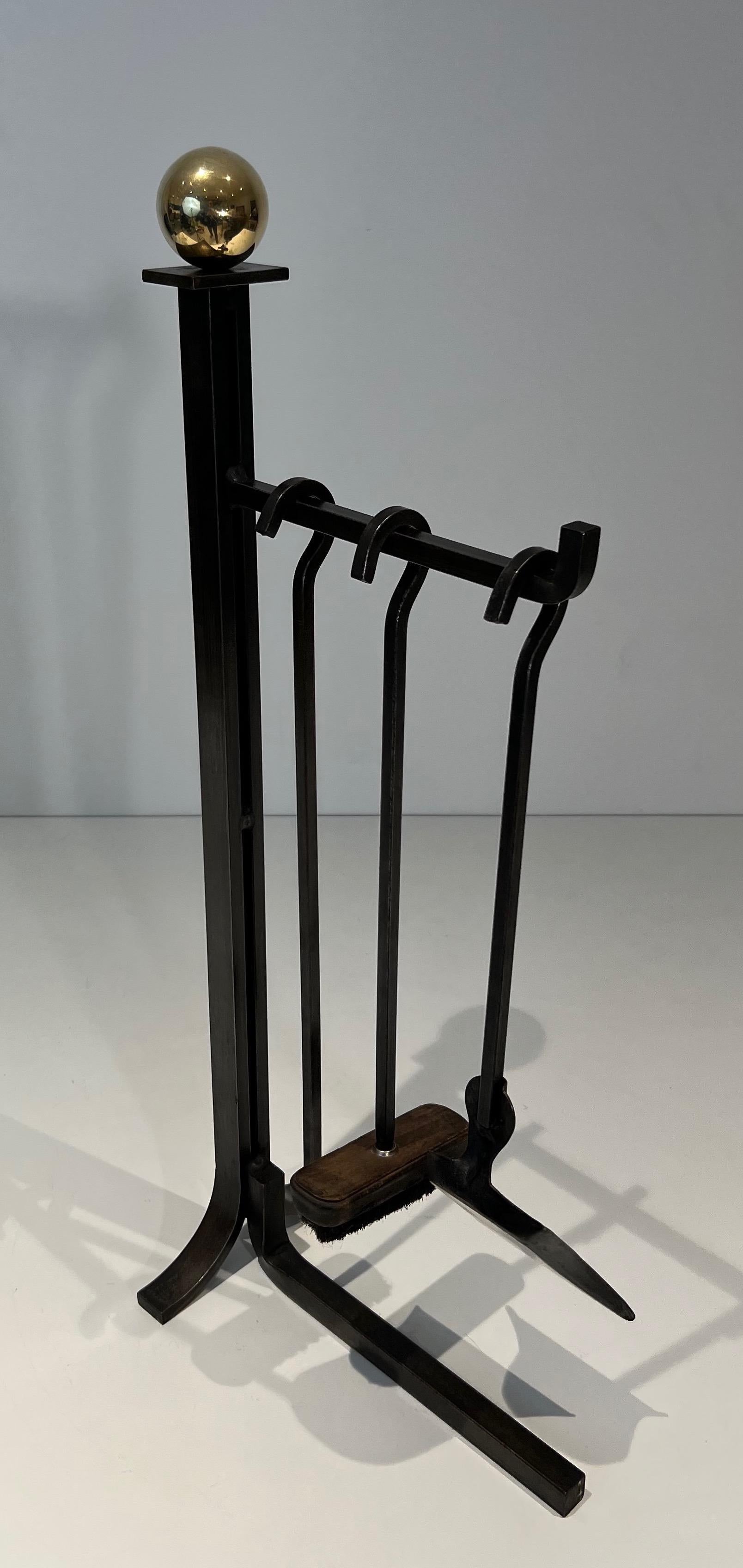 Modernist Steel and Brass Fireplace Tools on Stand in the Style of Jacques Adnet For Sale 7