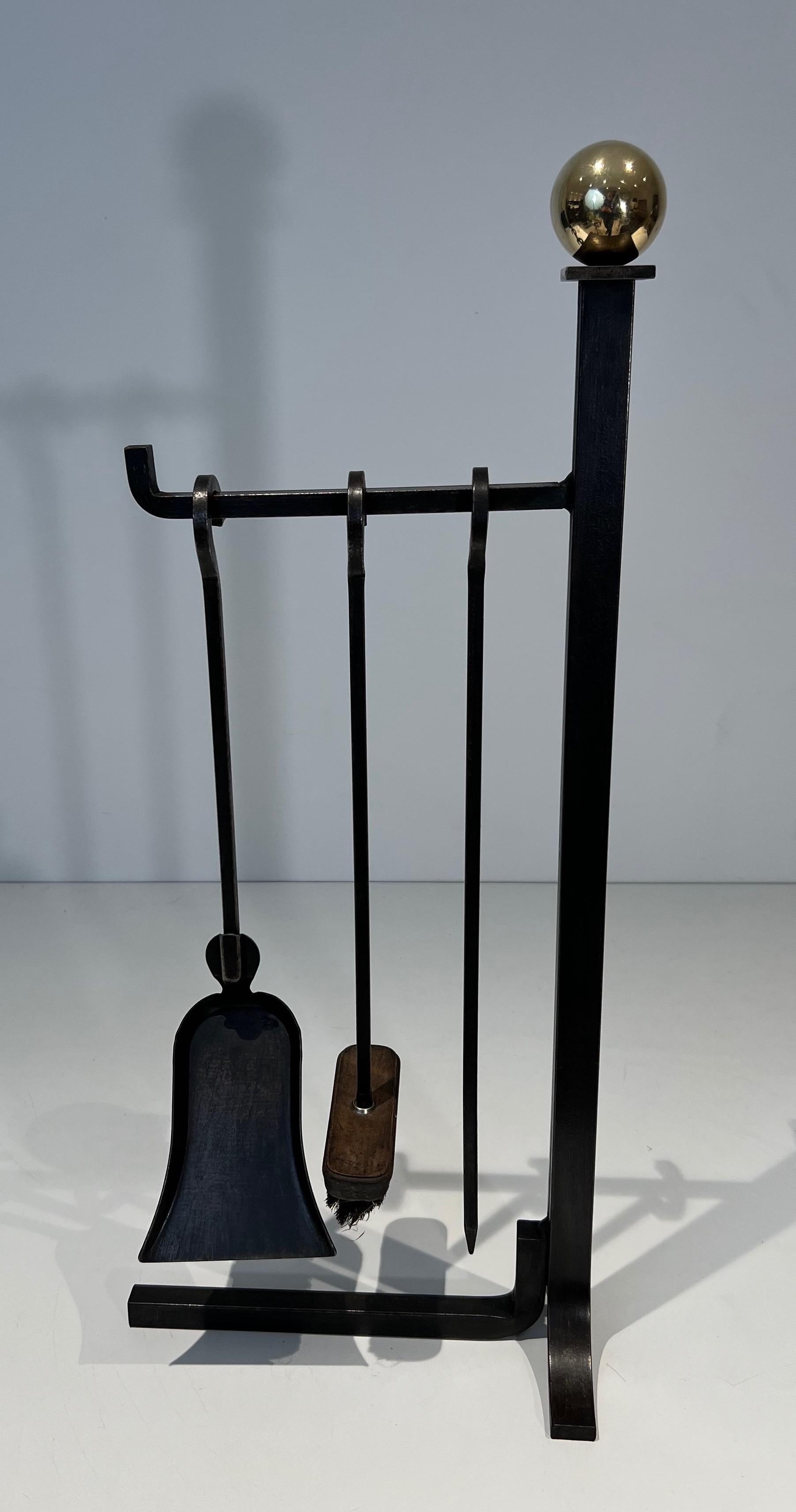 Mid-Century Modern Modernist Steel and Brass Fireplace Tools on Stand in the Style of Jacques Adnet For Sale
