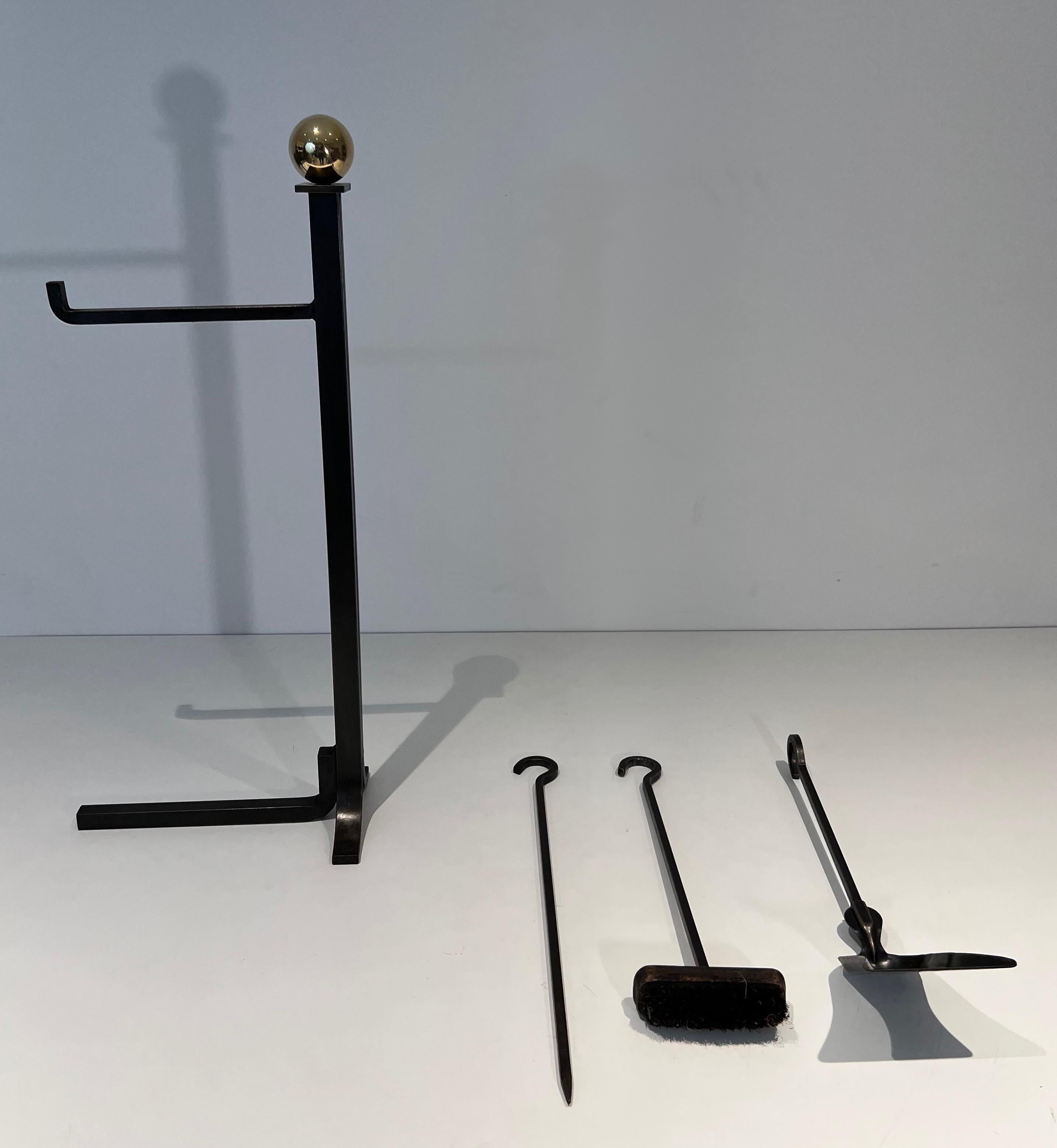 Late 20th Century Modernist Steel and Brass Fireplace Tools on Stand in the Style of Jacques Adnet For Sale