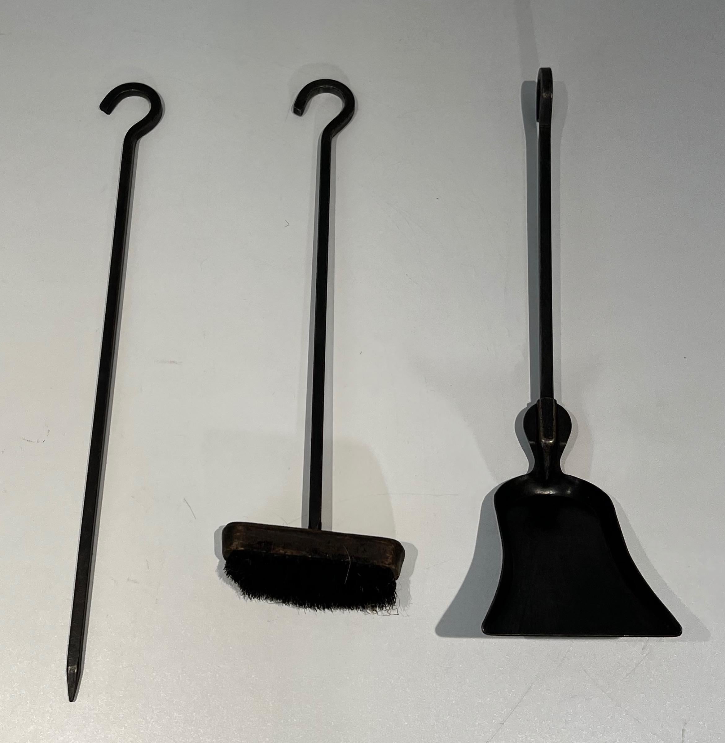 Modernist Steel and Brass Fireplace Tools on Stand in the Style of Jacques Adnet For Sale 2