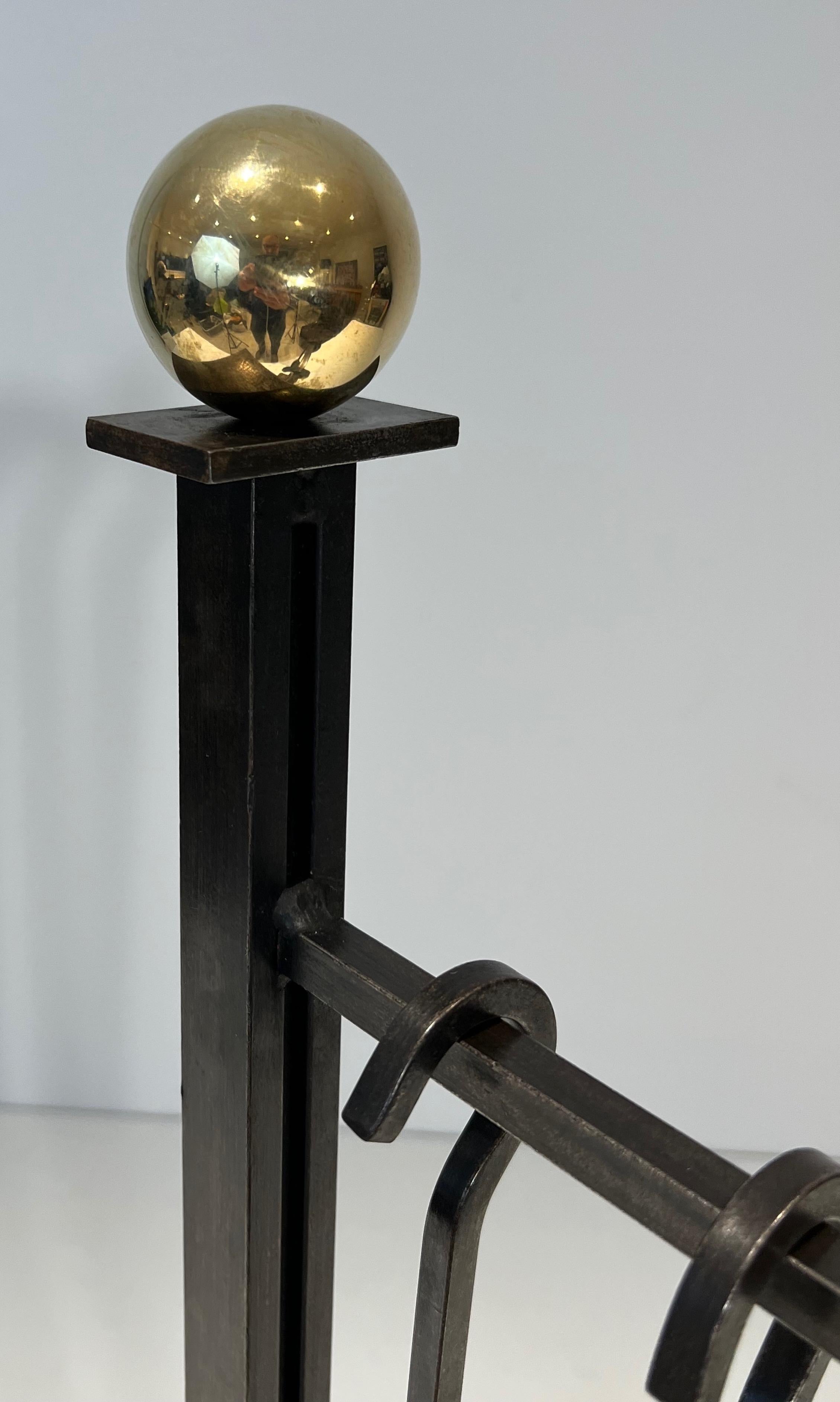 Modernist Steel and Brass Fireplace Tools on Stand in the Style of Jacques Adnet For Sale 3