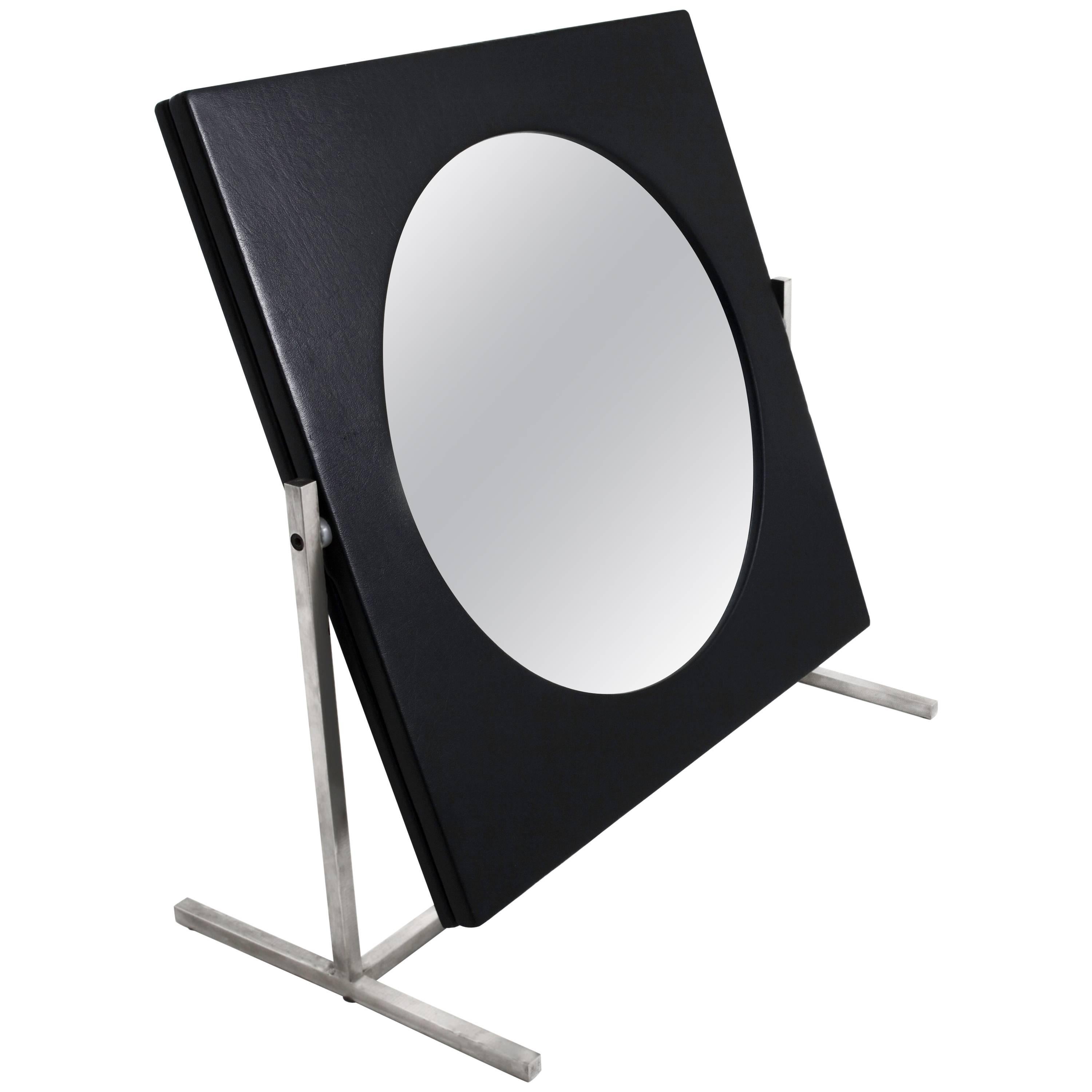 Modernist Steel and Leather Table or Vanity Mirror, France 1960's For Sale