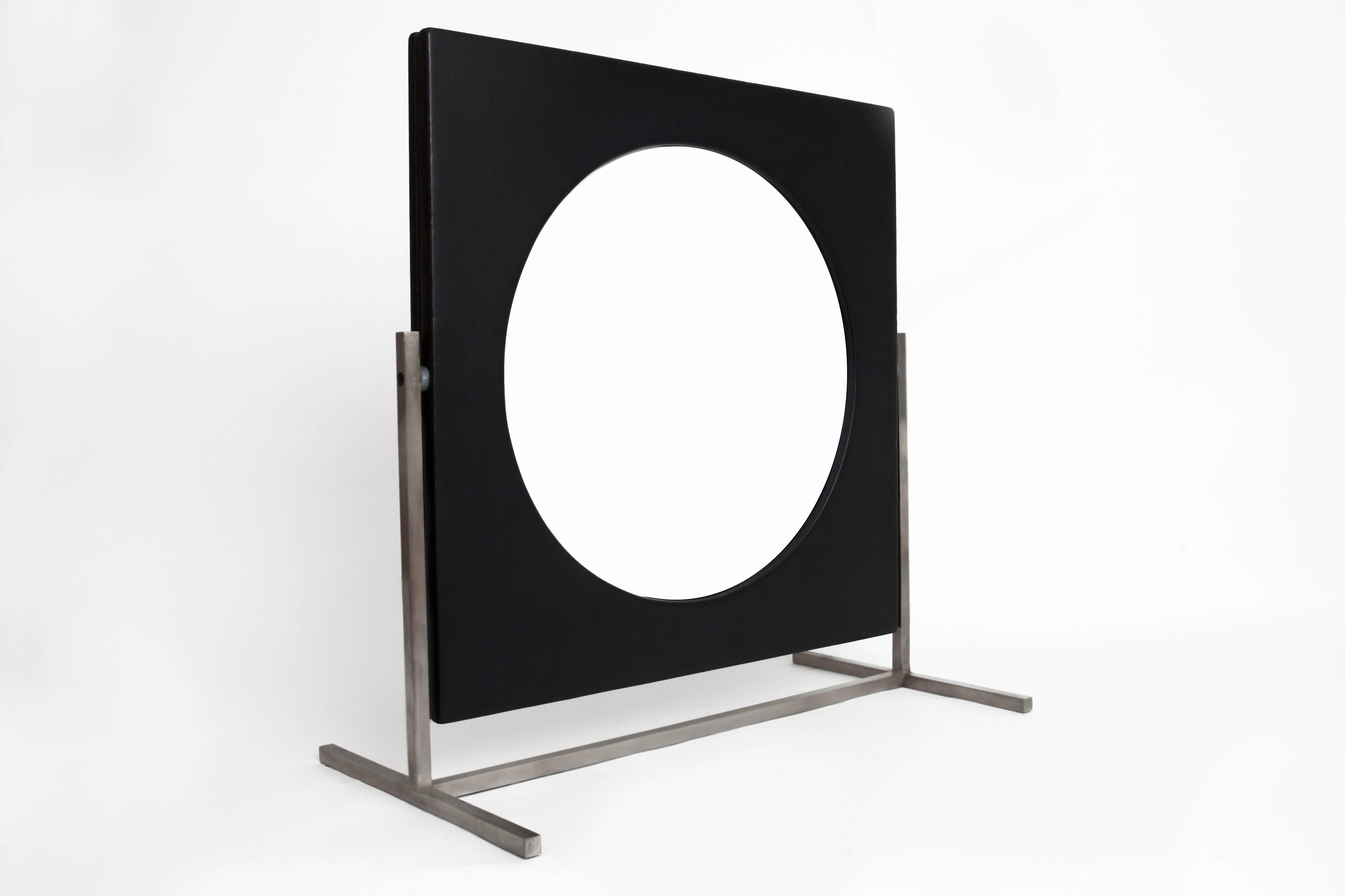 Mid-Century Modern Modernist Steel and Leather Table or Vanity Mirror, France 1960's For Sale