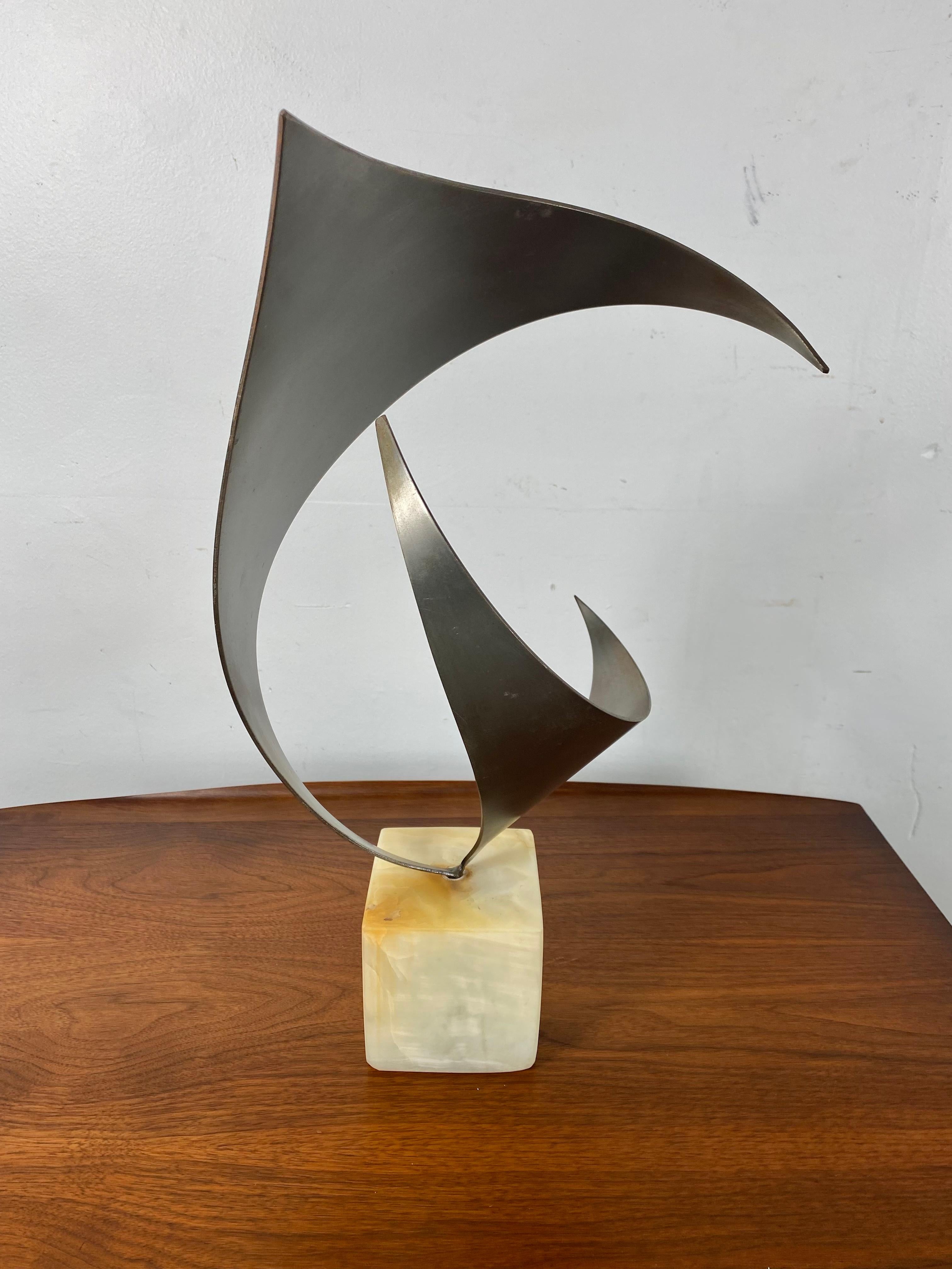 American Modernist Steel and Marble Abstract Table Sculpture by C.Jere c.1980 For Sale