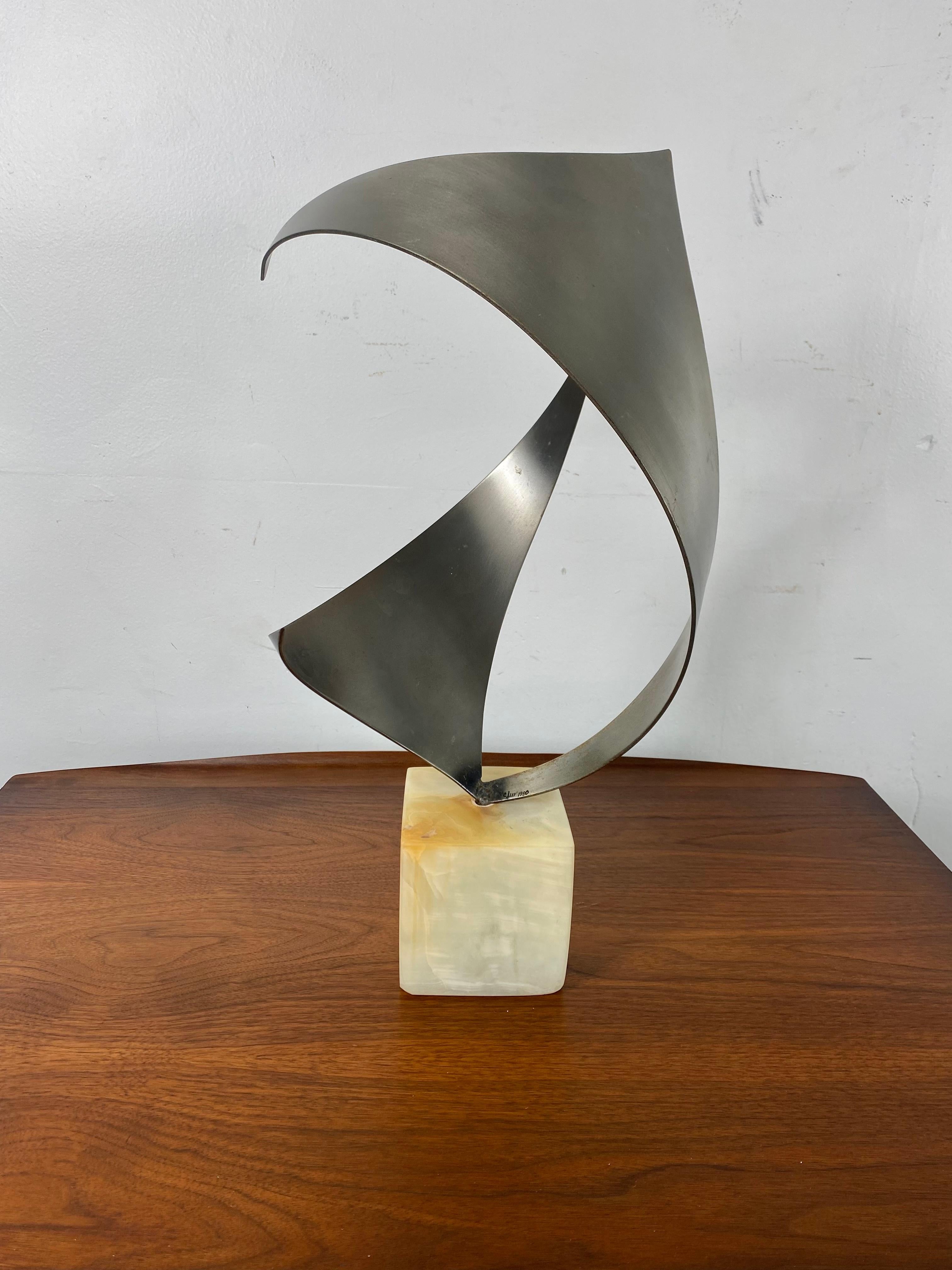Late 20th Century Modernist Steel and Marble Abstract Table Sculpture by C.Jere c.1980 For Sale