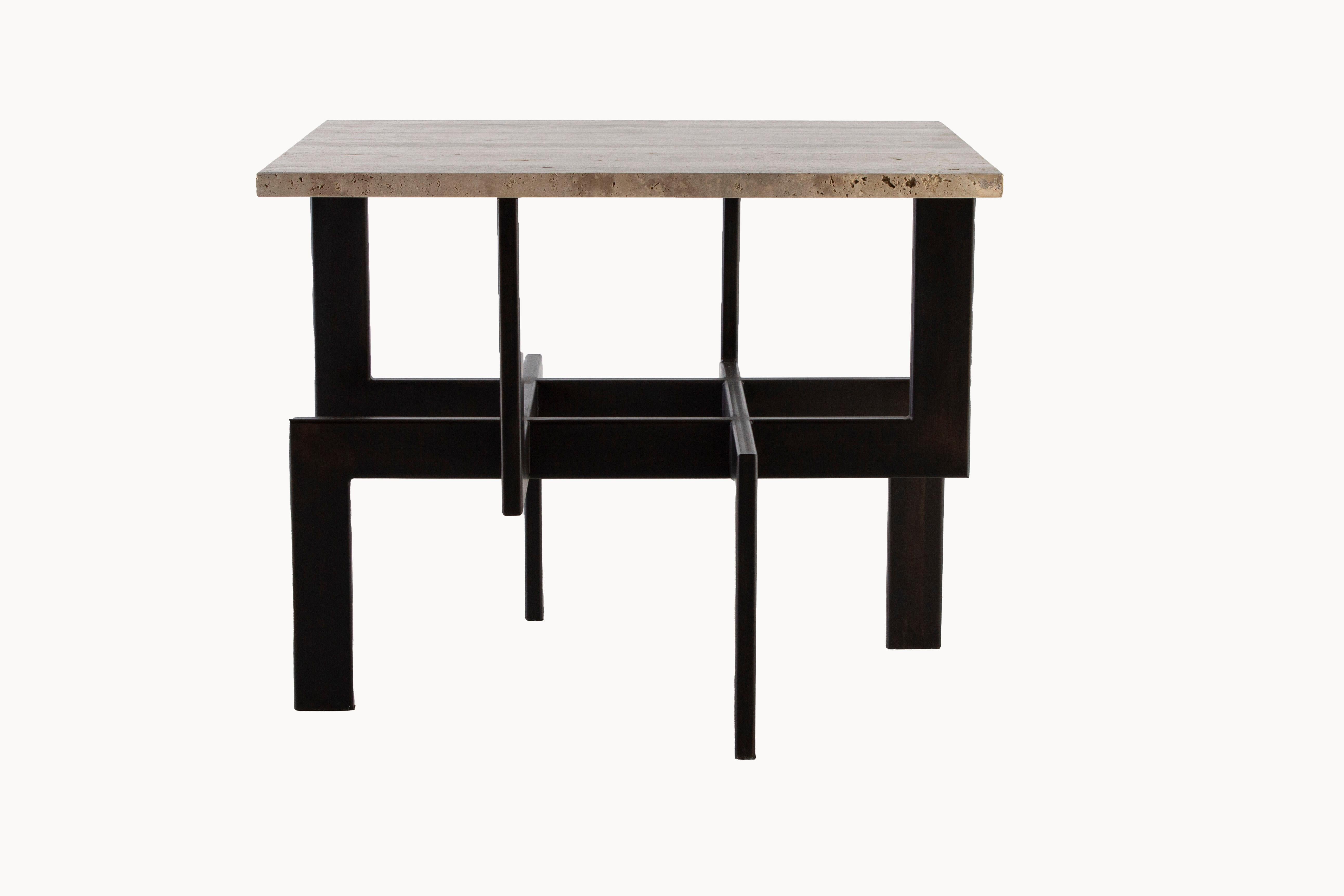American Modernist Steel Ebony Side Table with Silver Travertine Top