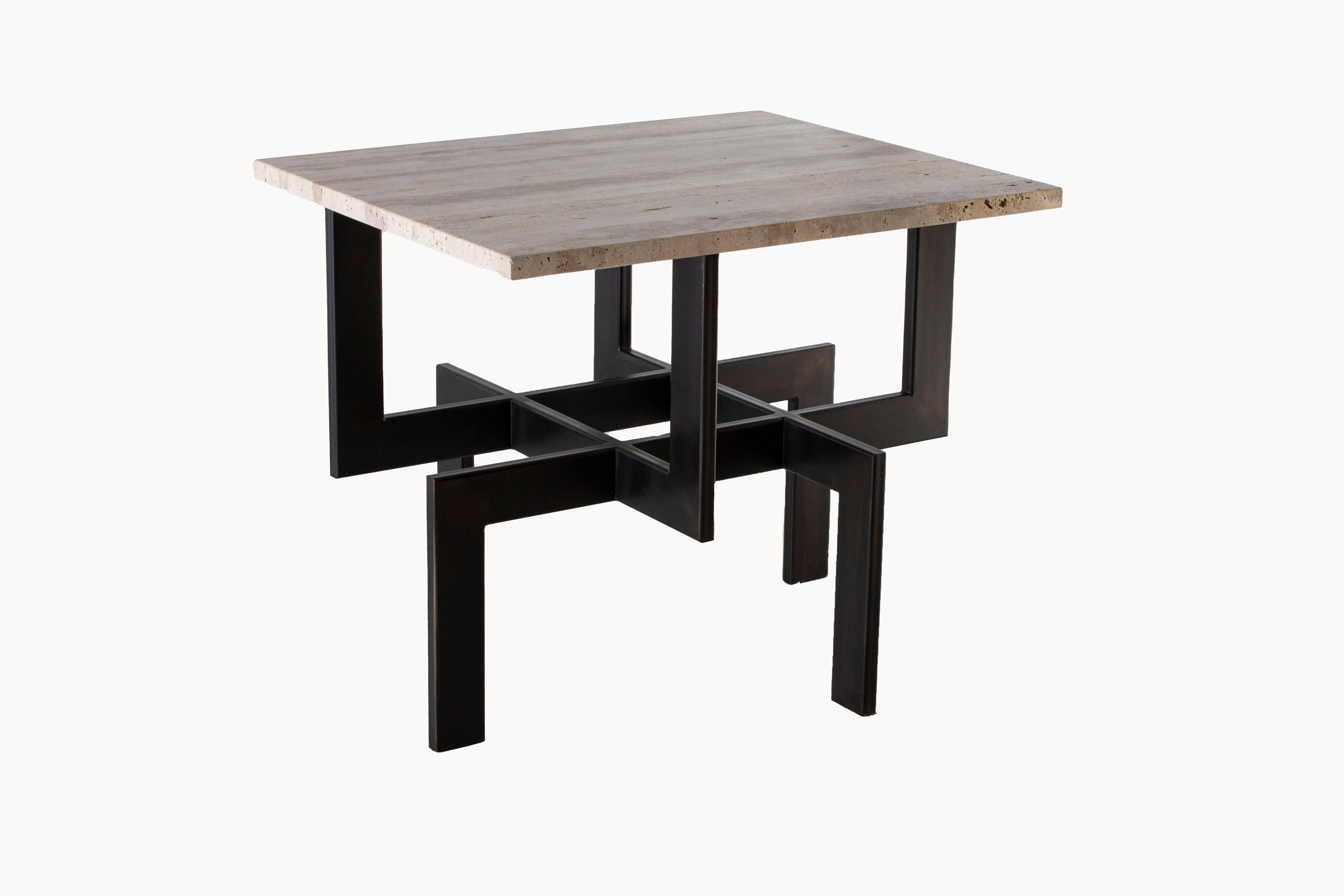 Contemporary Modernist Steel Ebony Side Table with Silver Travertine Top