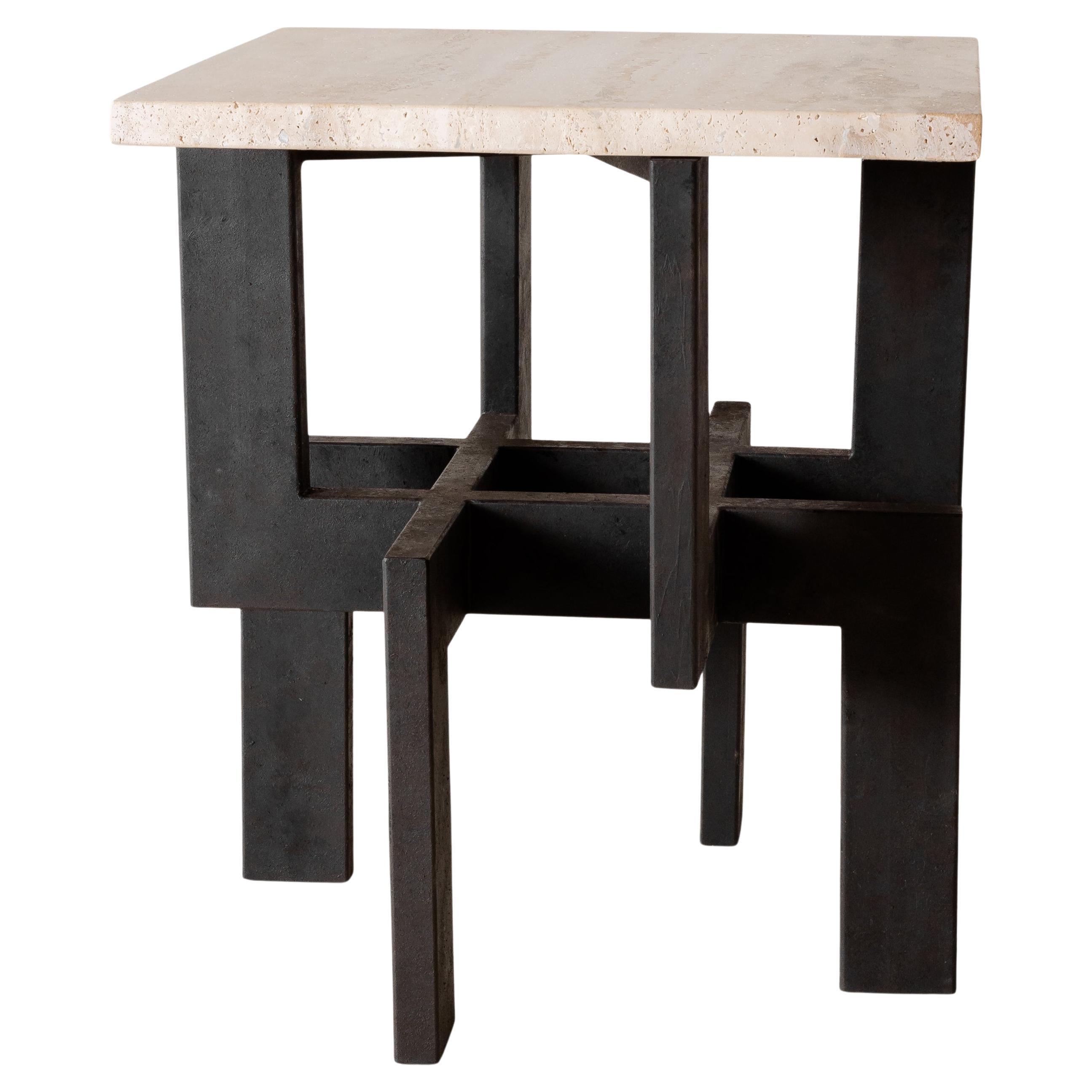Modernist Steel Ebony Side Table with Silver Travertine Top For Sale