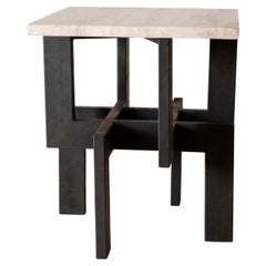 Modernist Steel Ebony Side Table with Silver Travertine Top