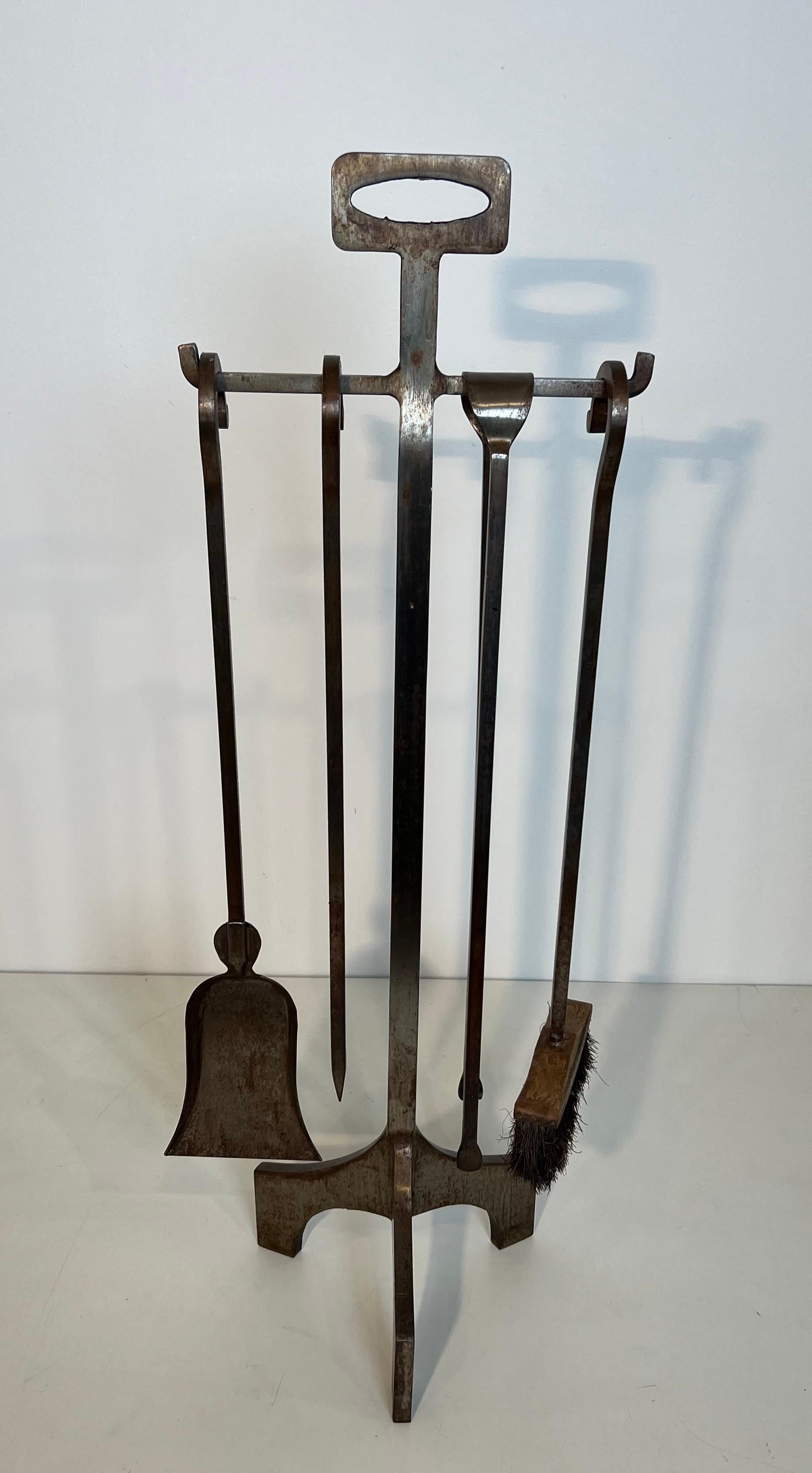 Mid-Century Modern Modernist Steel Fireplace Tools on Stand For Sale