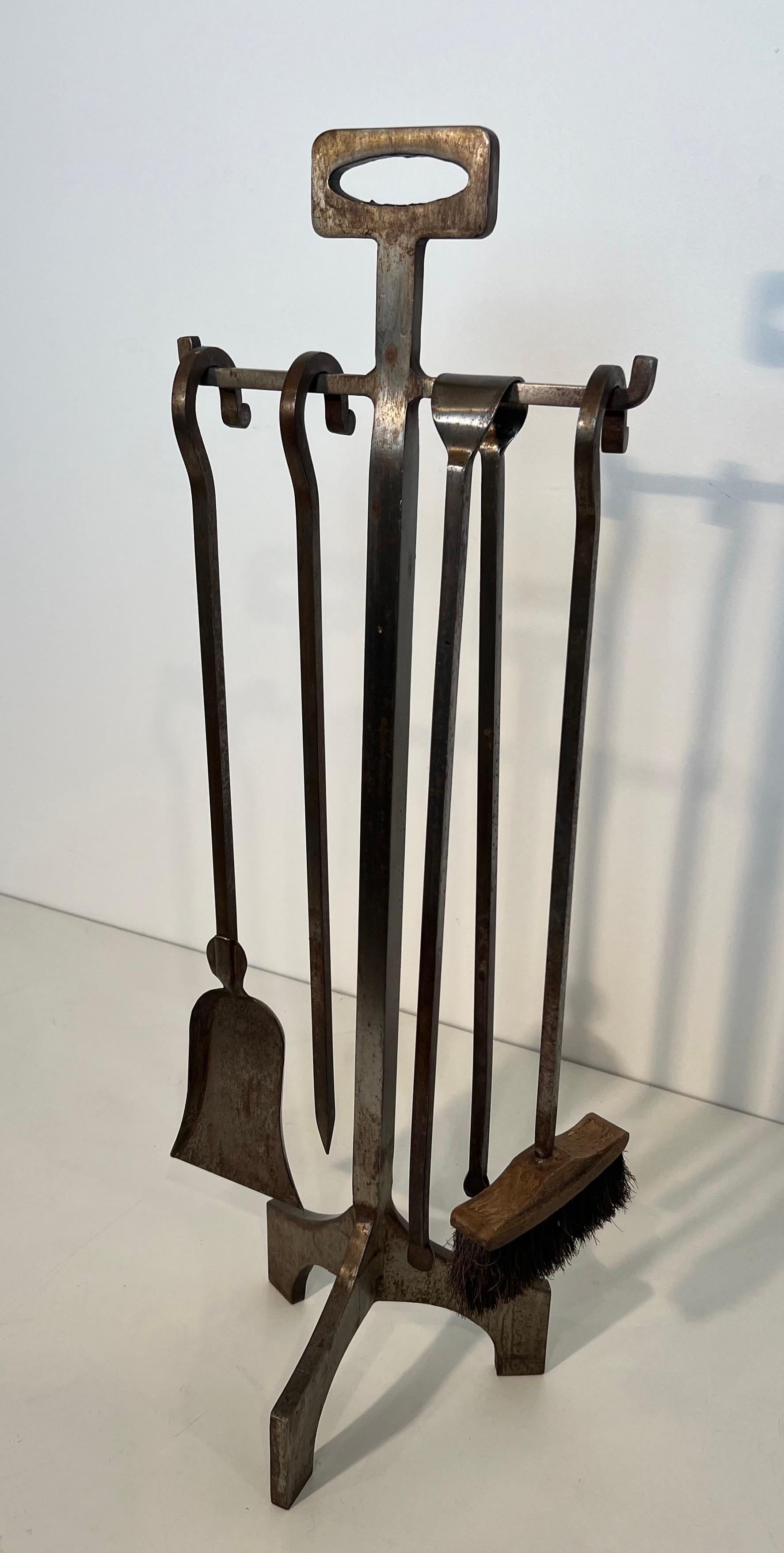 French Modernist Steel Fireplace Tools on Stand For Sale