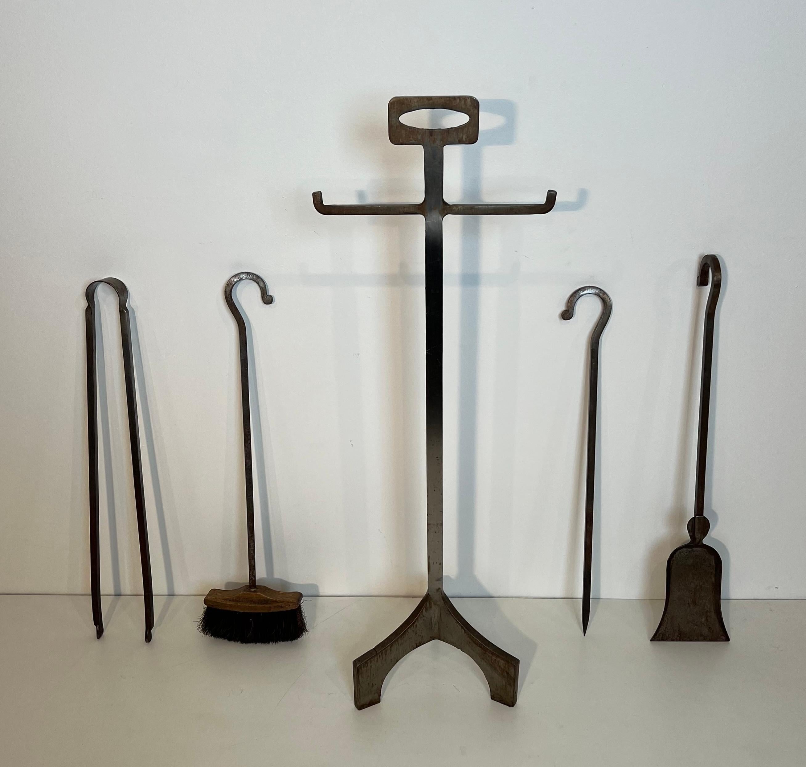 Late 20th Century Modernist Steel Fireplace Tools on Stand For Sale