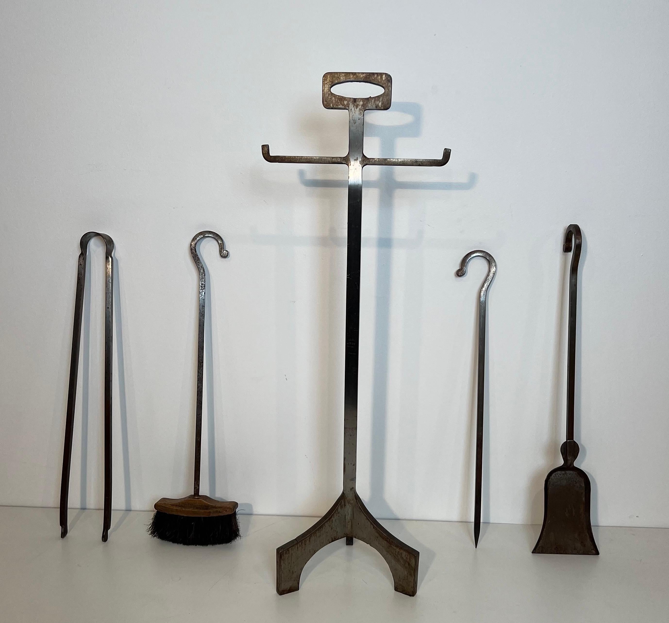 Modernist Steel Fireplace Tools on Stand For Sale 1