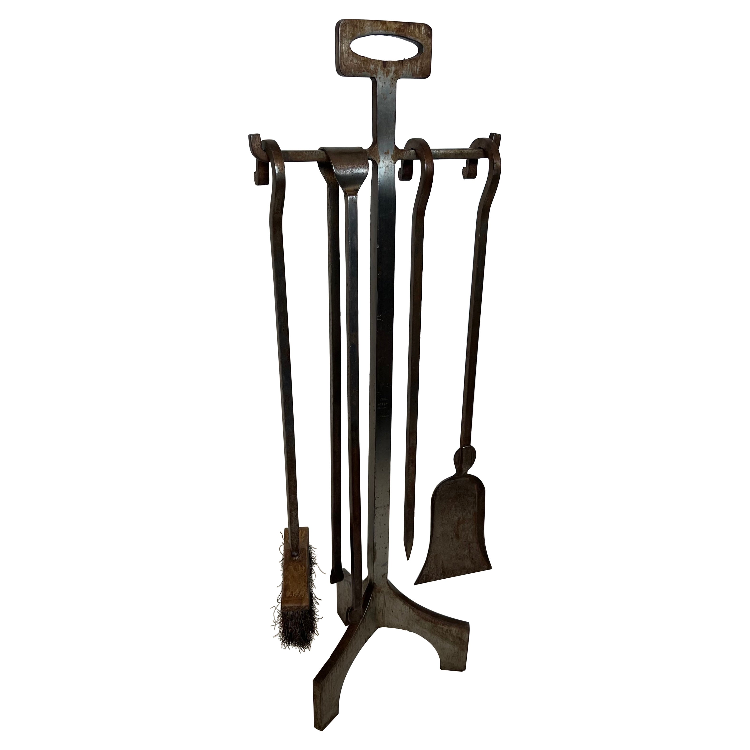 Modernist Steel Fireplace Tools on Stand