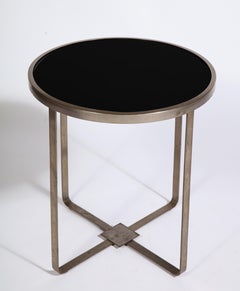 Modernist Art Deco Adnet Attr. Steel Round Black Glass Table, France, 1930s