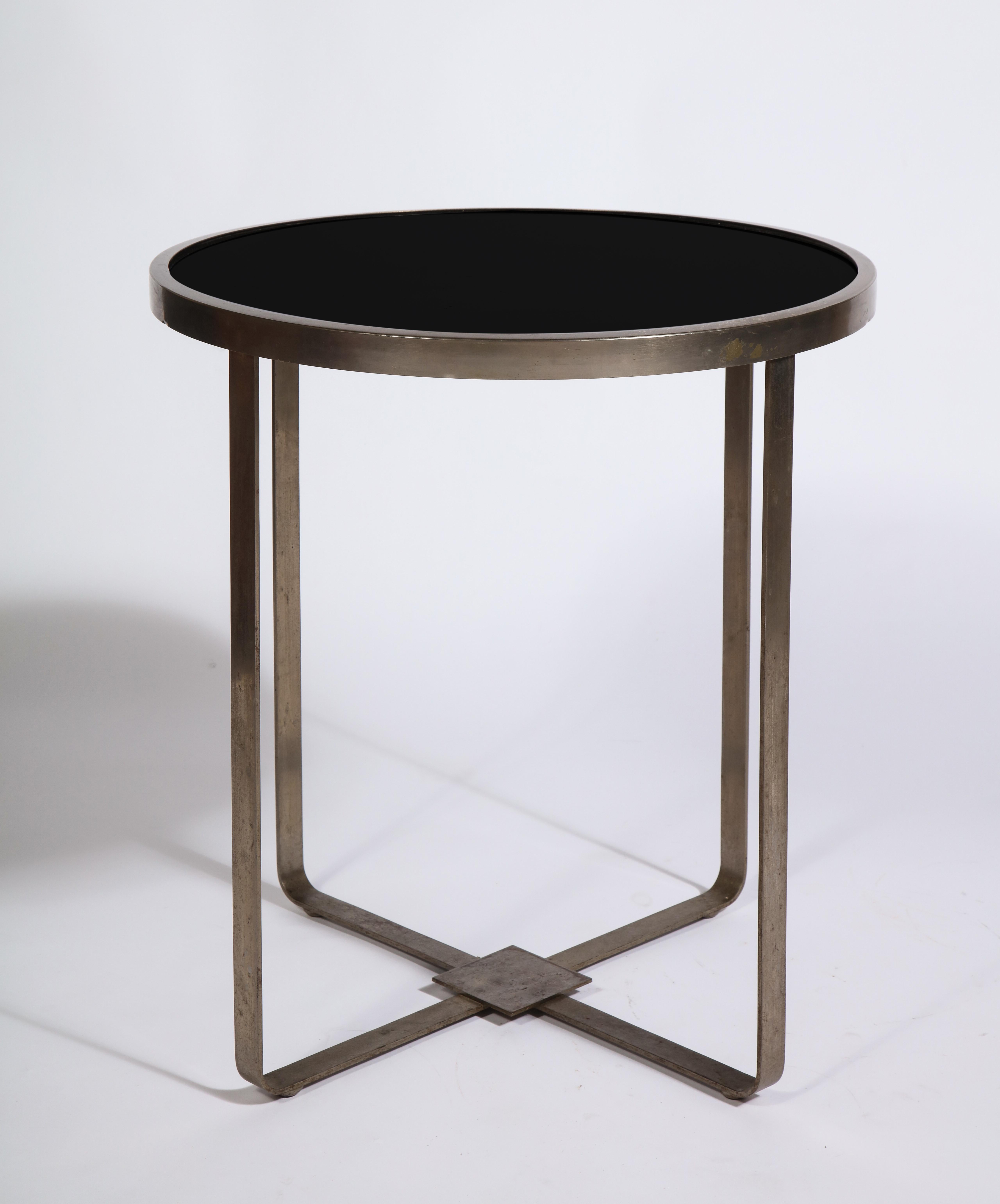 French Modernist Art Deco Adnet Attr. Steel Round Black Glass Table, France, 1930s For Sale