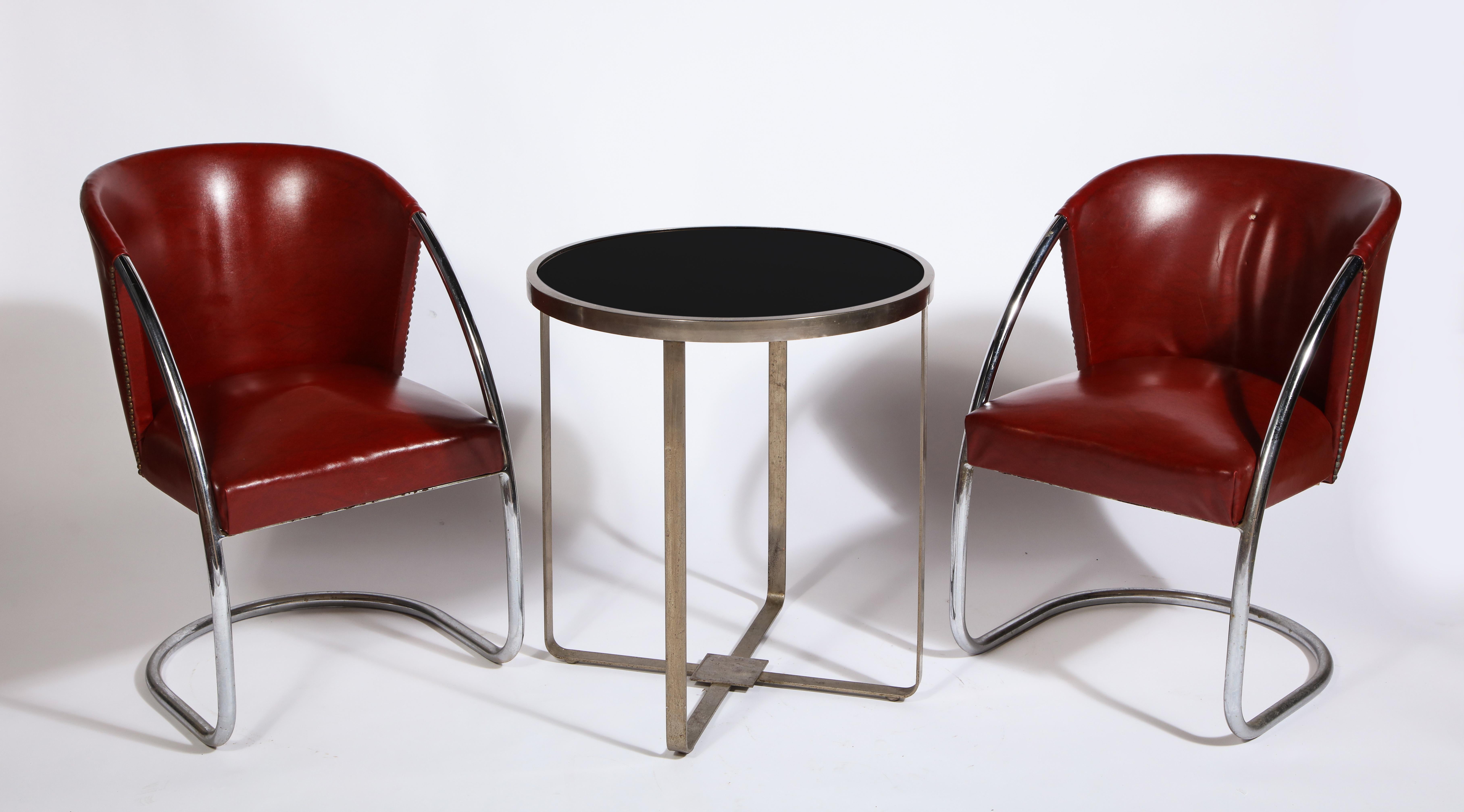 Modernistischer Art-Déco- Adnet Attr. Runder Stahltisch aus schwarzem Glas, Frankreich, 1930er Jahre im Angebot 2